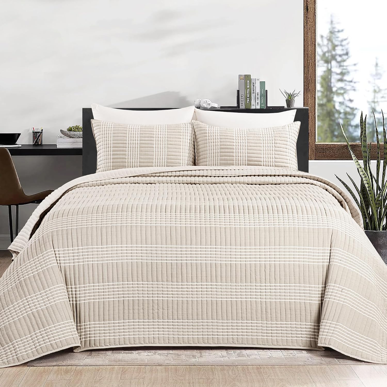 Beige Plaid King Quilt Bedding Set