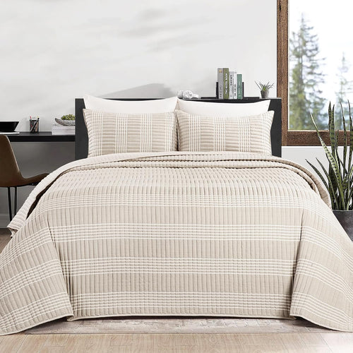 Beige Plaid King Quilt Bedding Set