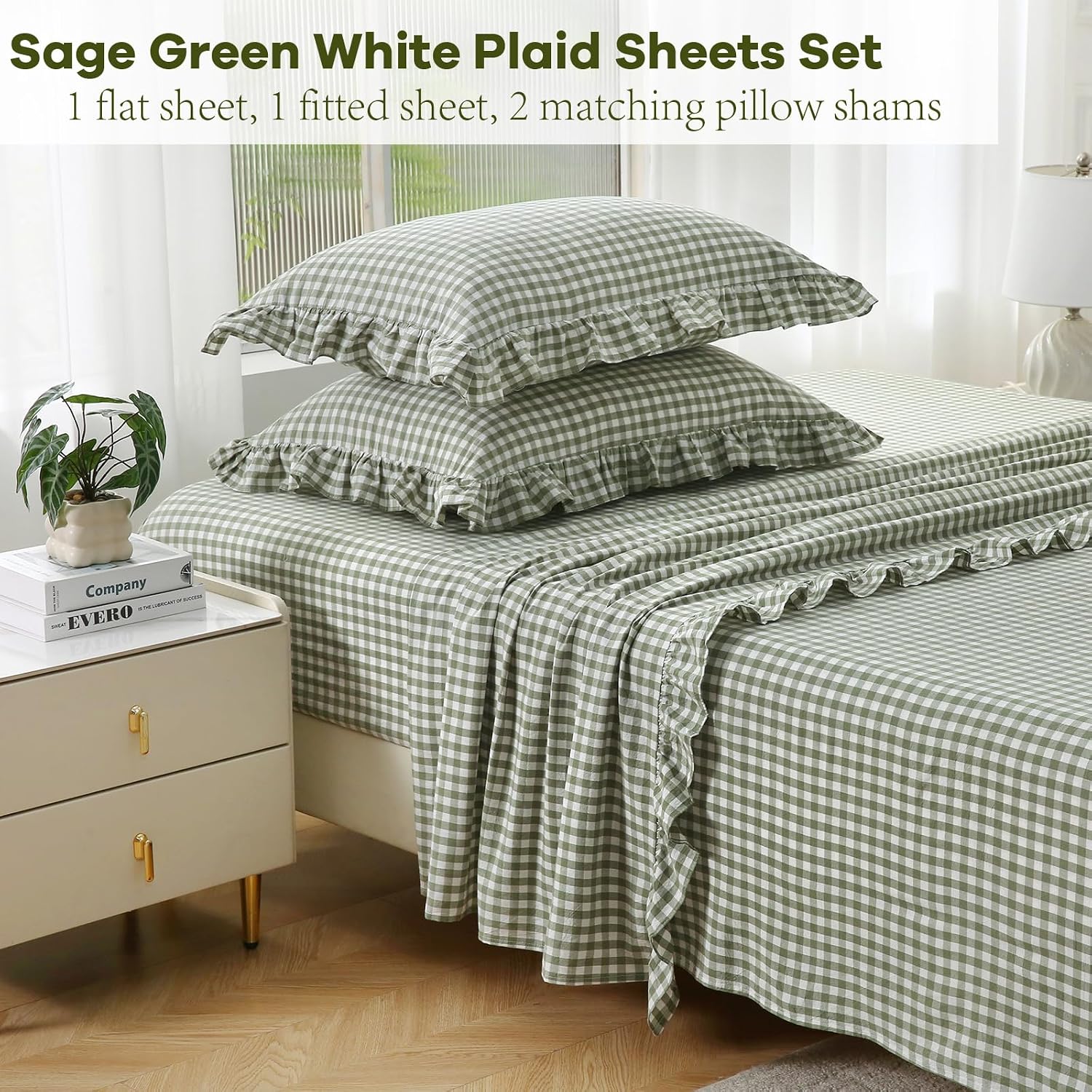 Sage Green White Gingham Ruffled Full Cotton Sheet Set 4-Piece