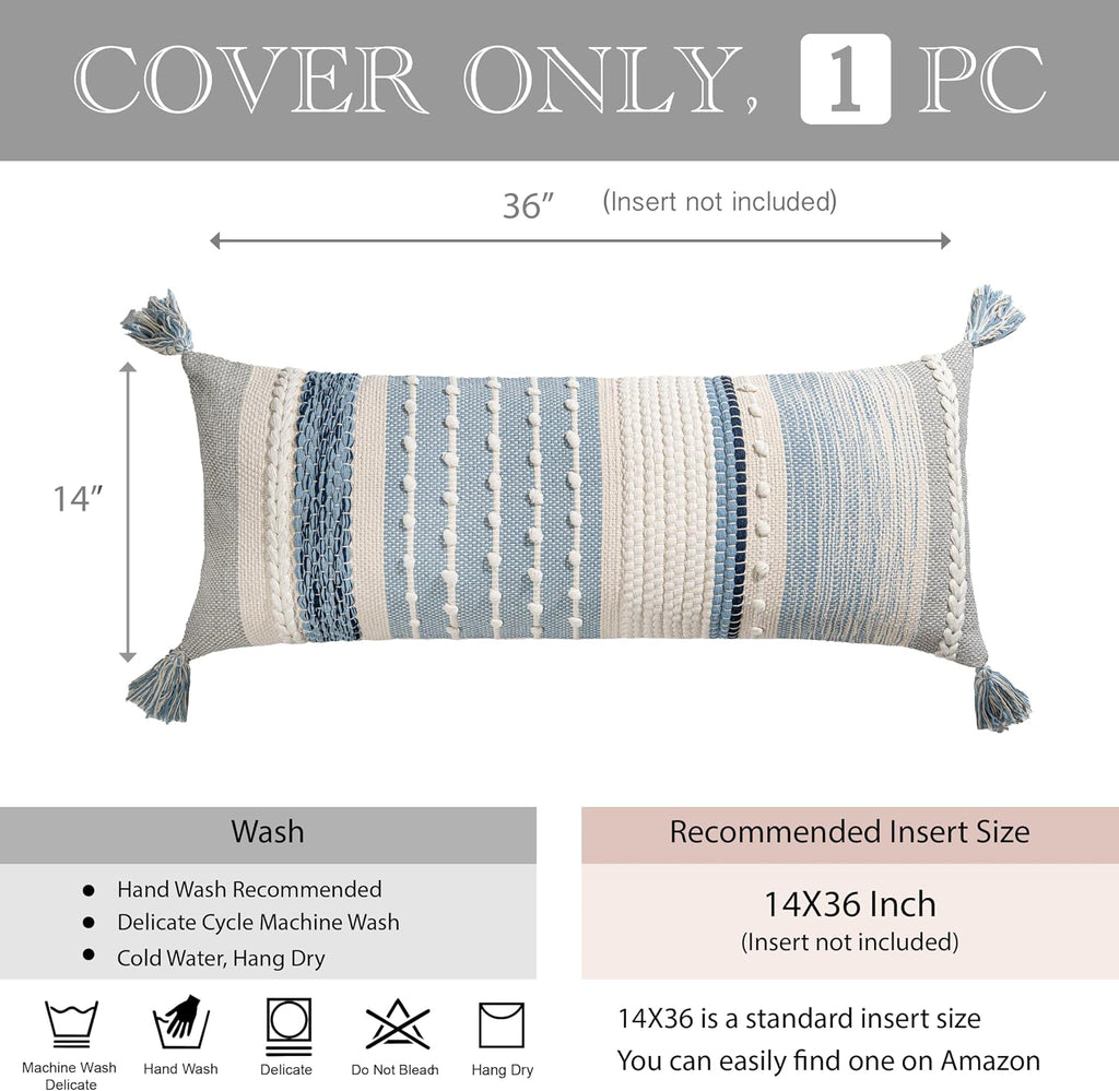 Coastal Blue Textured Boho Lumbar Pillow Cover 14x36