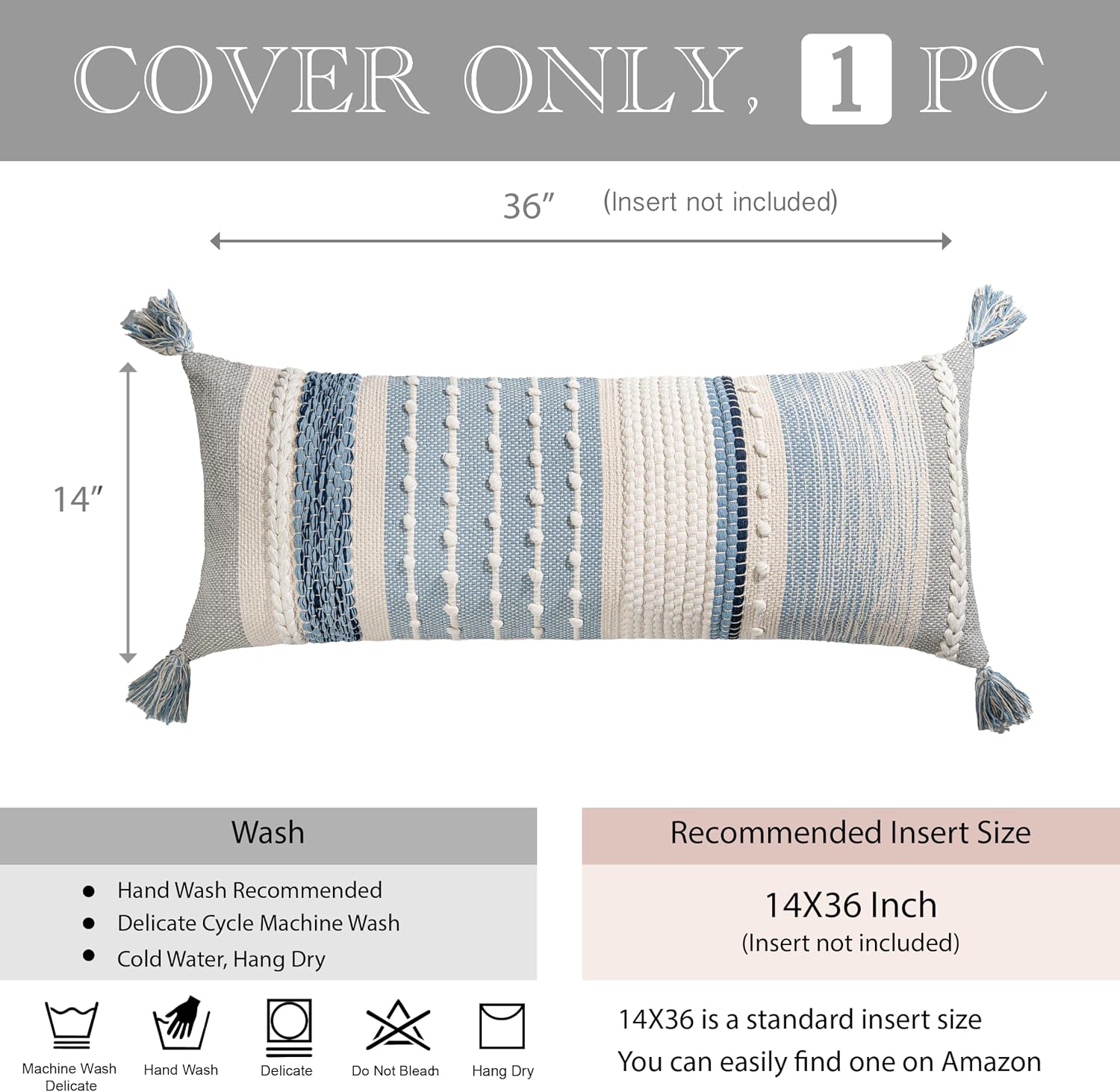 Coastal Blue Textured Boho Lumbar Pillow Cover 14x36