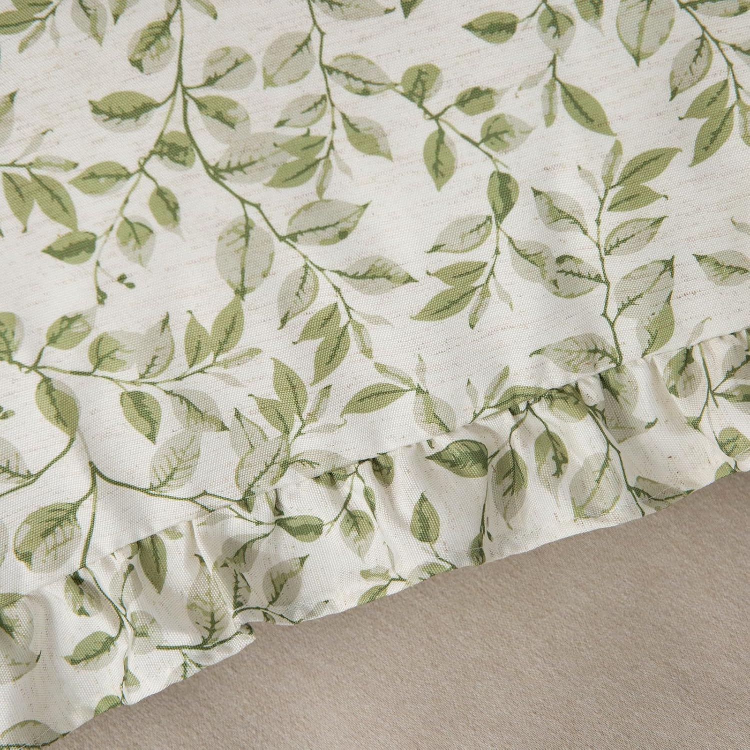 Olive Green Ruffled Leaf Print Linen Pillow Shams Set