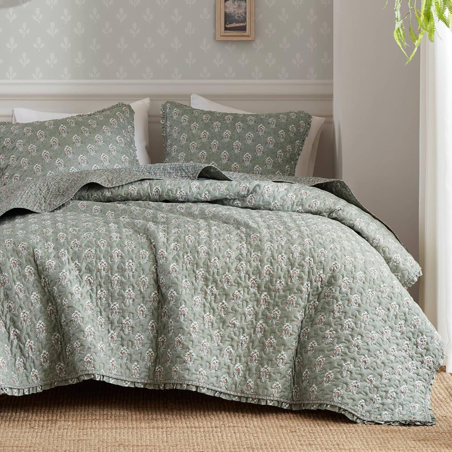 Sage Green Ruffled Vintage Floral King Quilt Set