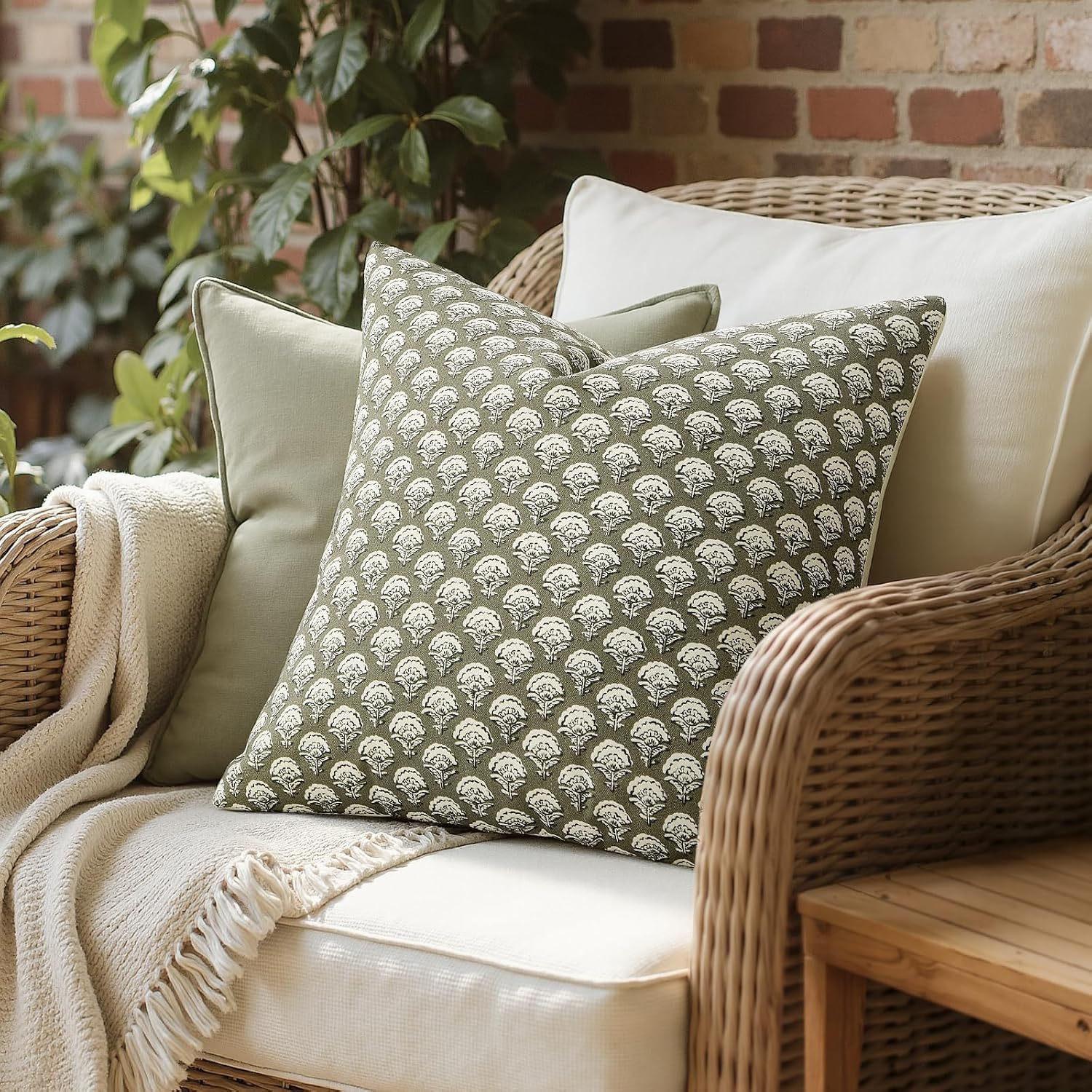 Sage Green Block Print Floral Euro Pillow Shams Set of 2