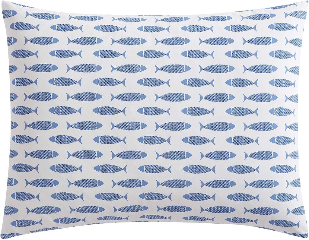 Blue Woodblock Fish Queen Duvet Set