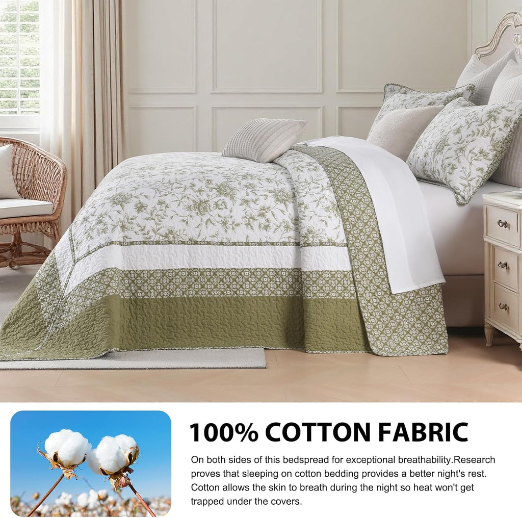 Sage Green White Botanical Oversized Queen Quilt Set