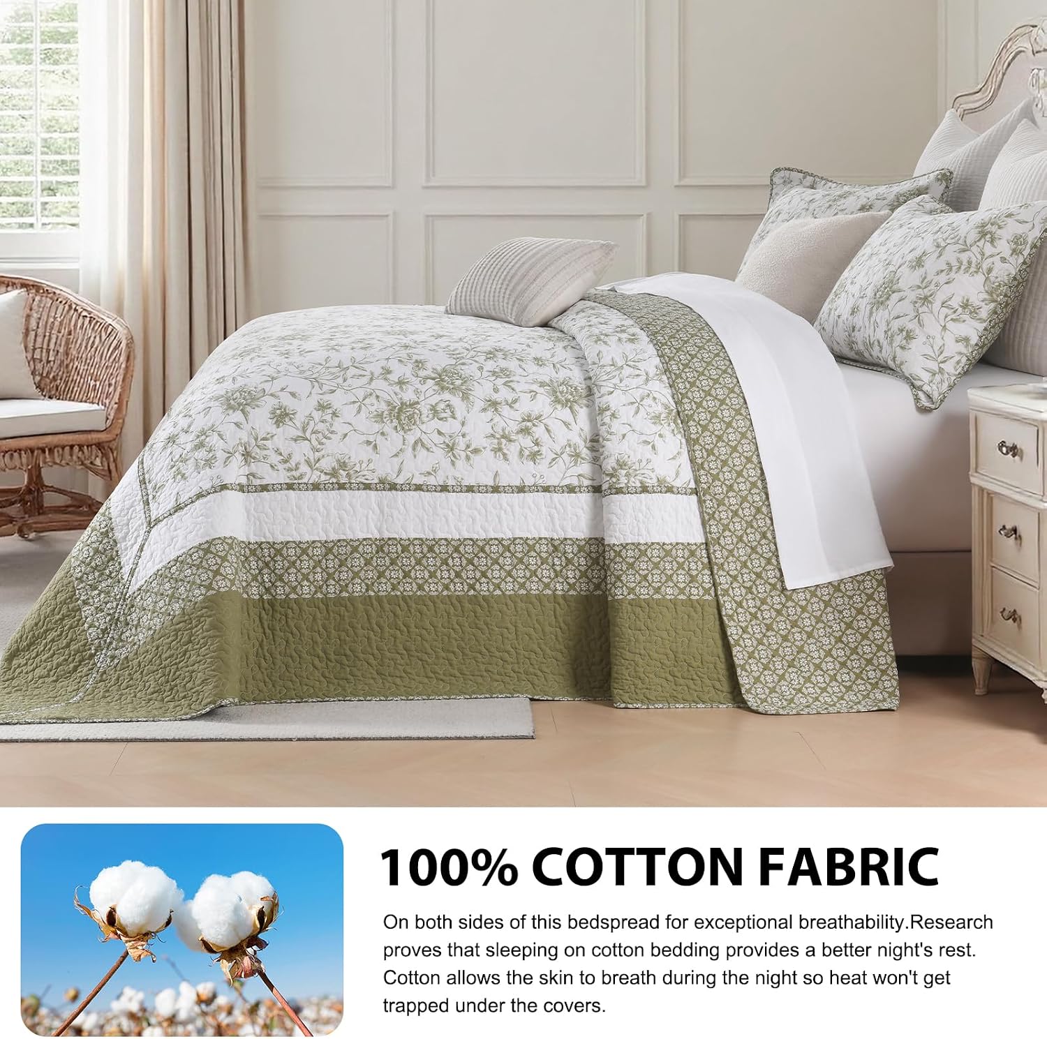 Sage Green White Botanical Oversized Queen Quilt Set