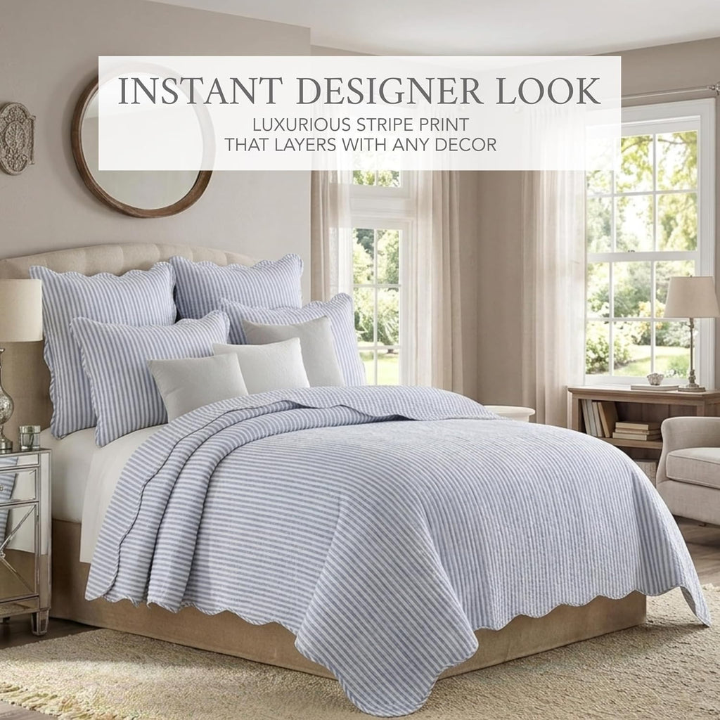 Blue White Stripe Cotton Queen Quilt Set