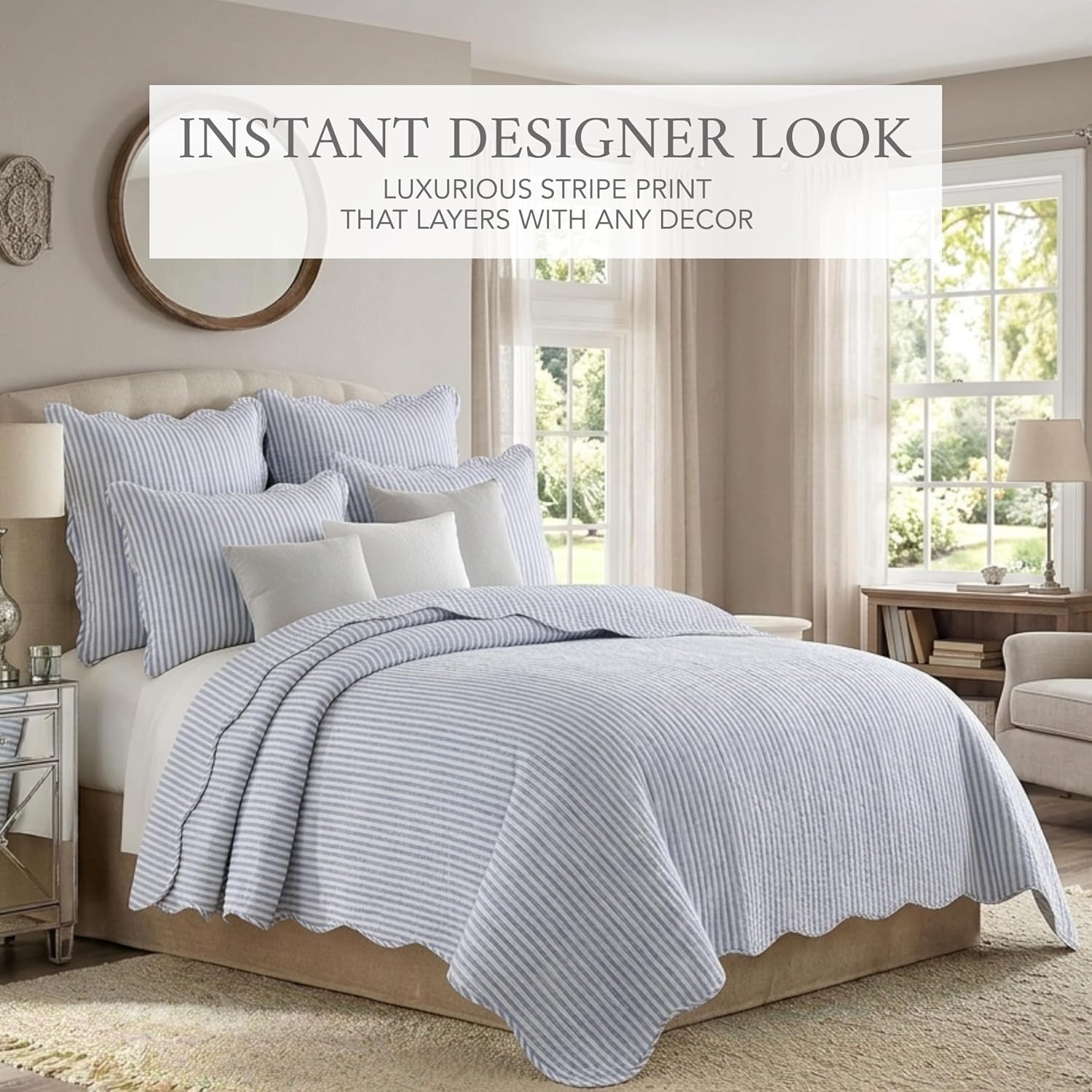 Blue White Stripe Cotton Queen Quilt Set