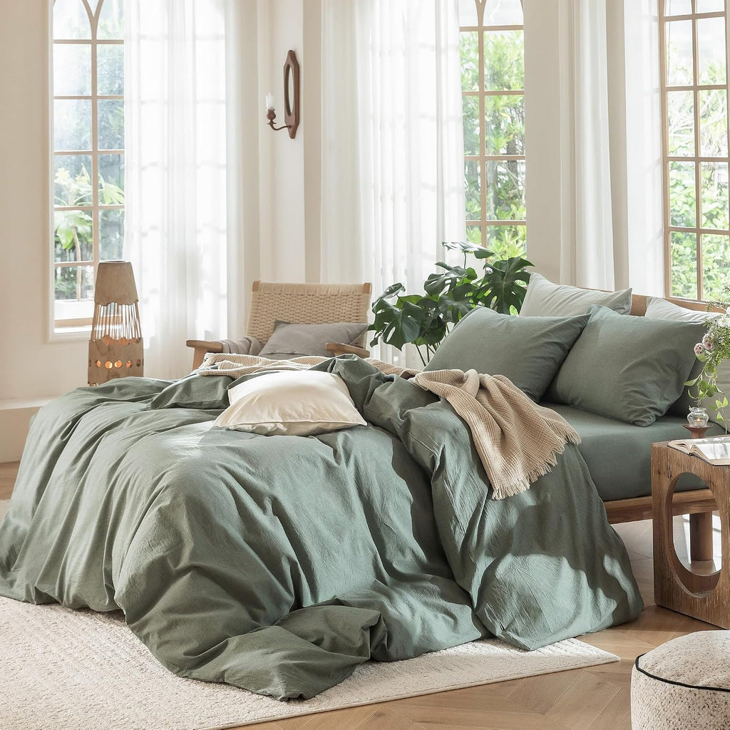 Heathered Green Washed Cotton King Duvet Set