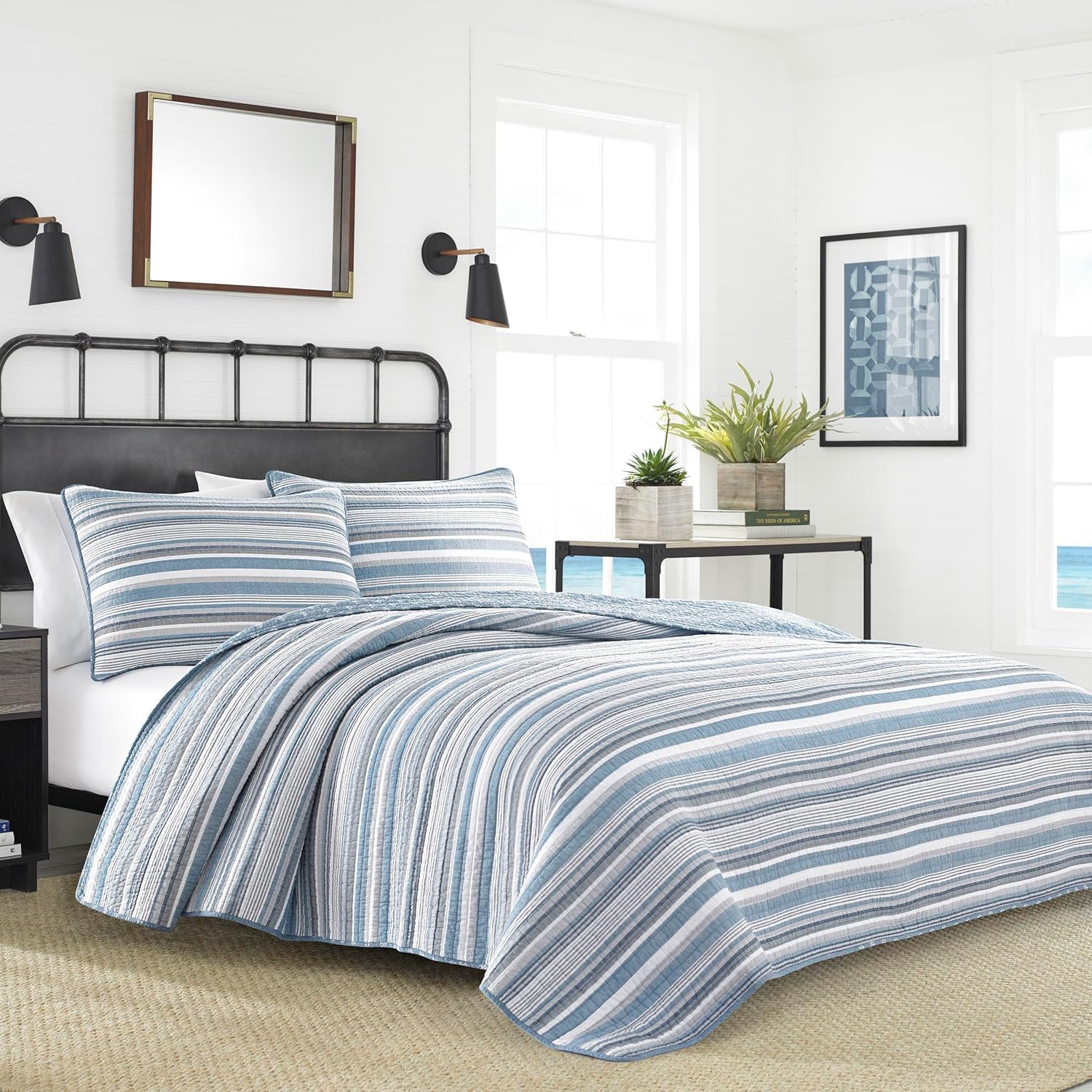 Blue Stripe Anchor Queen Cotton Quilt Set