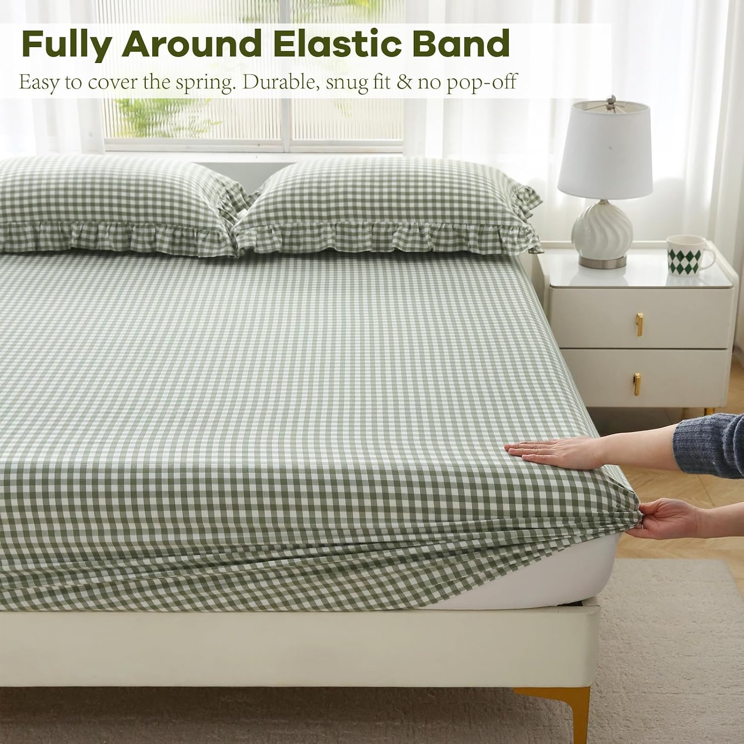 Sage Green White Gingham Ruffled Full Cotton Sheet Set 4-Piece