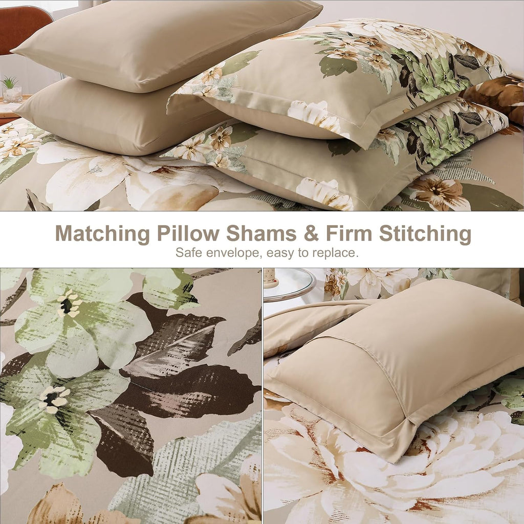 Khaki Floral 7-Piece Queen Bed in a Bag Comforter Set