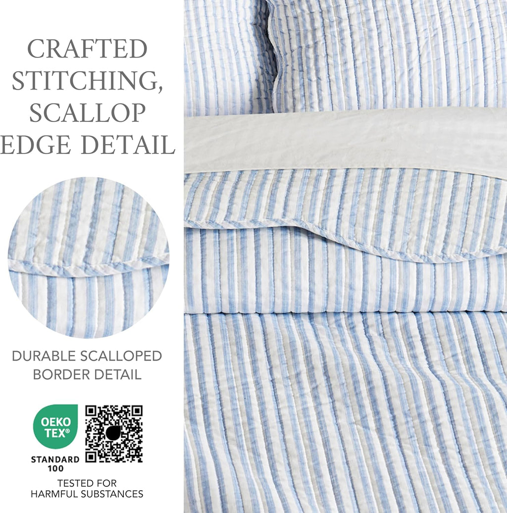 Blue White Stripe Cotton Queen Quilt Set