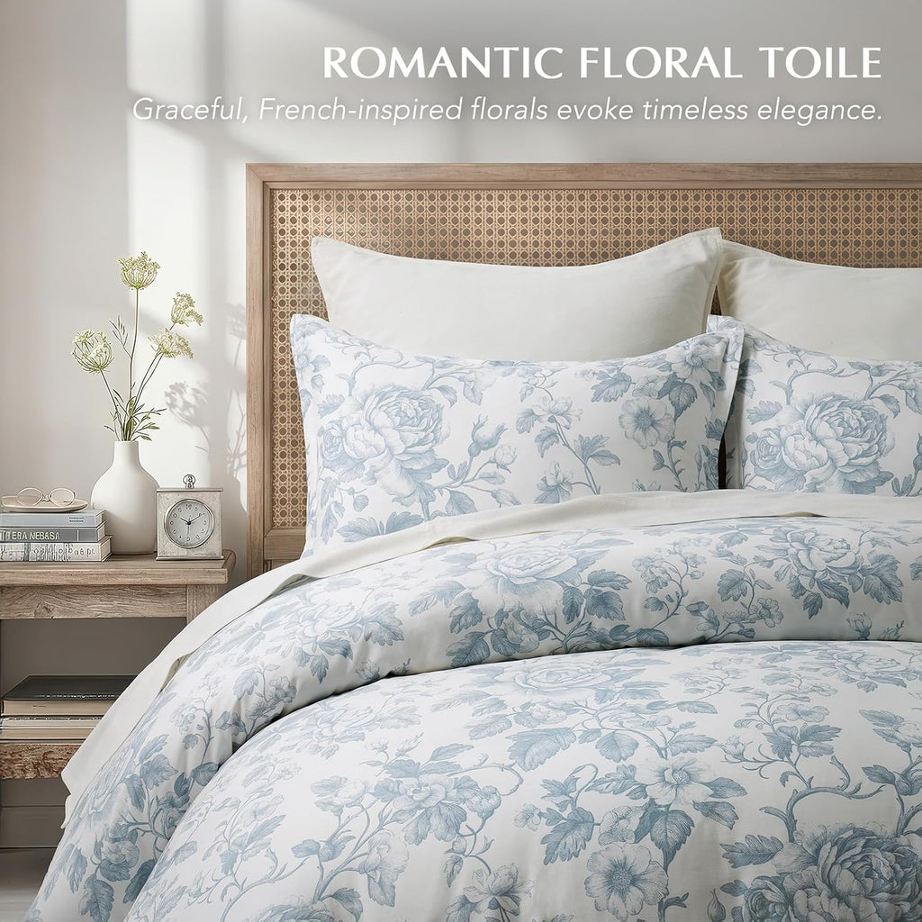 Blue Floral Toile Queen Duvet Set