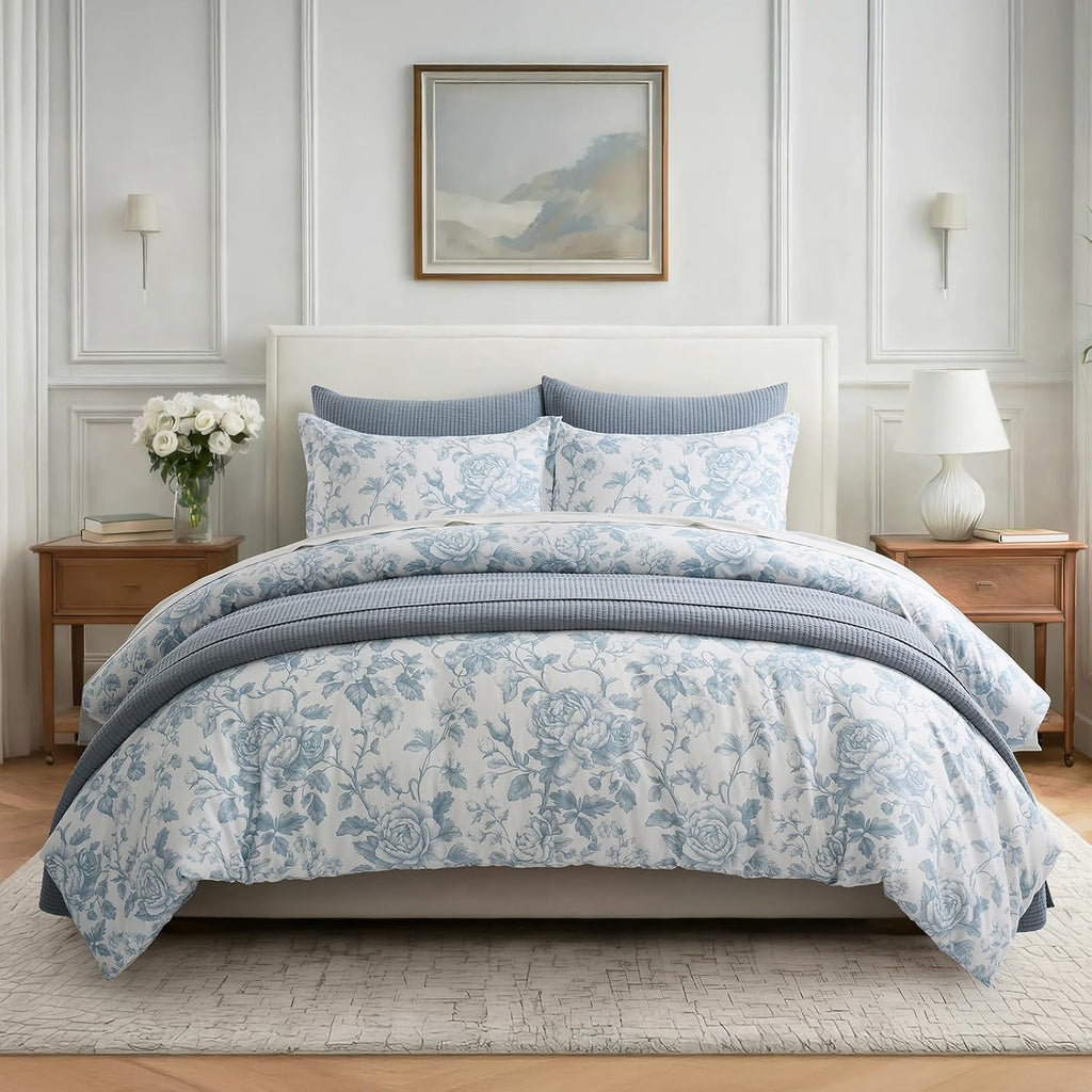 Blue Floral Toile Queen Duvet Set