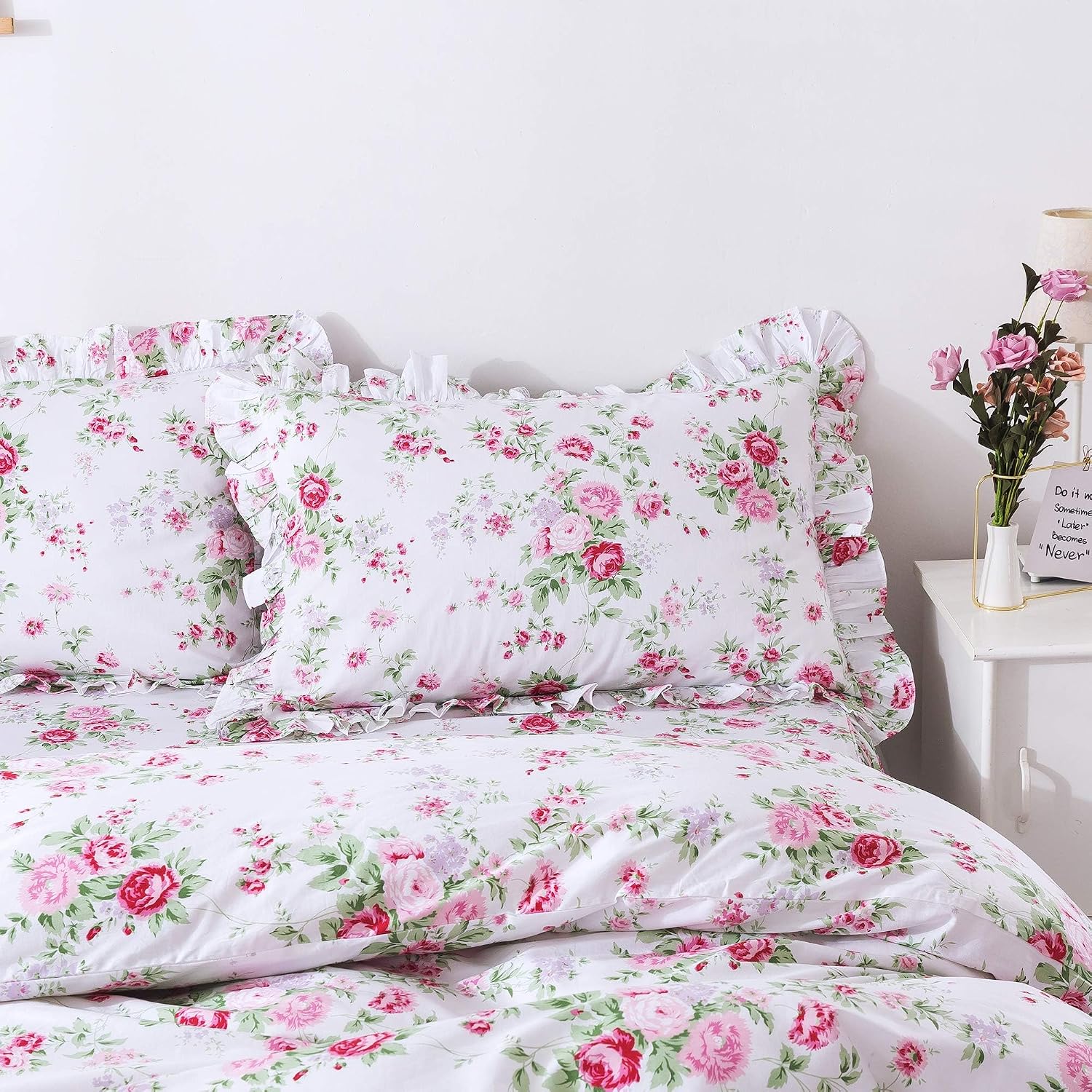 Shabby Pink Rose Lace Ruffled King Pillow Shams Set