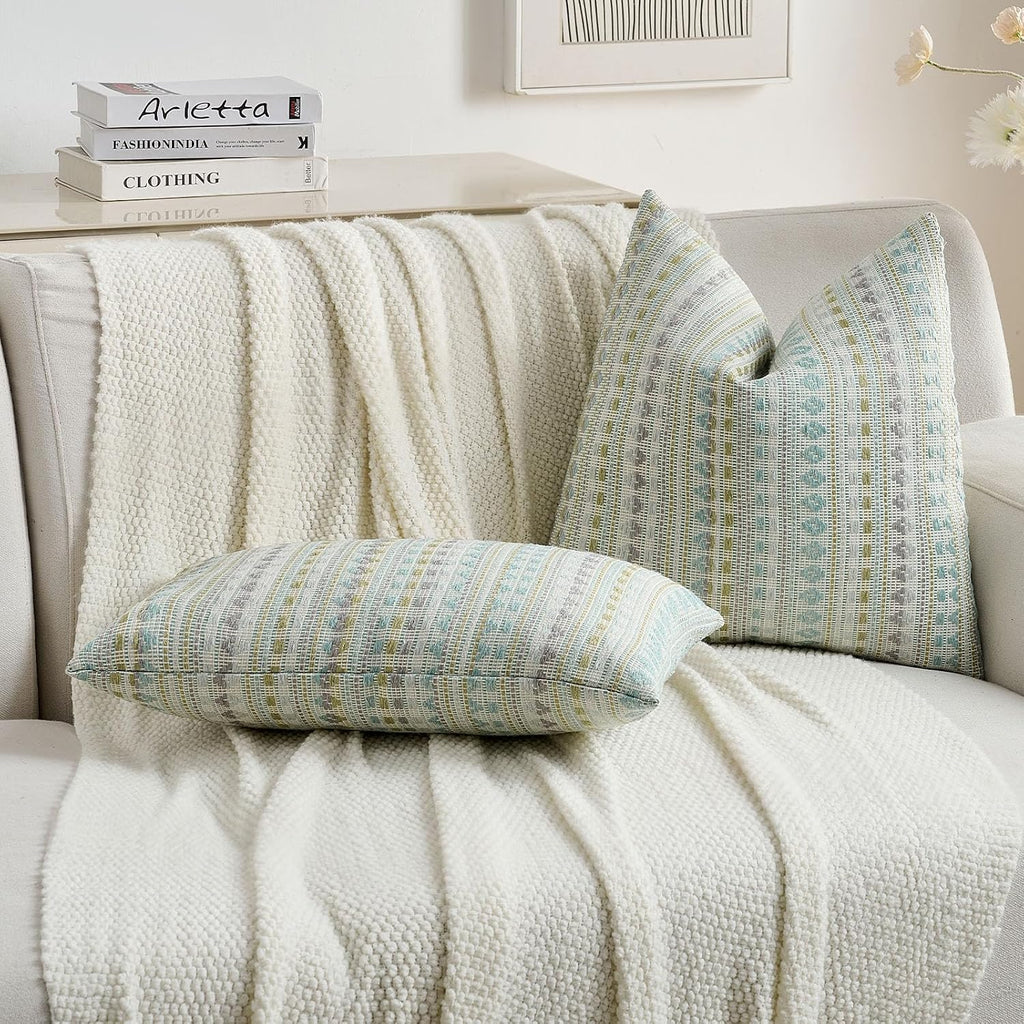 Green Blue Chenille Jacquard Euro Throw Pillow Covers Set of 2