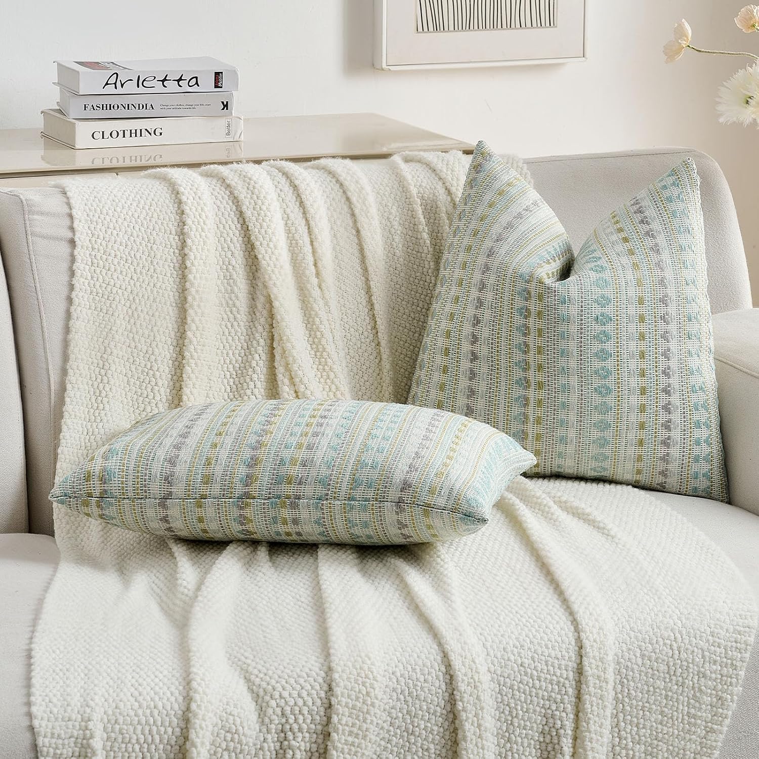 Green Blue Chenille Jacquard Euro Throw Pillow Covers Set of 2