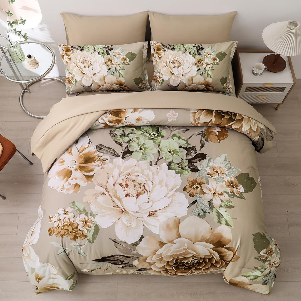 Khaki Floral 7-Piece Queen Bed in a Bag Comforter Set