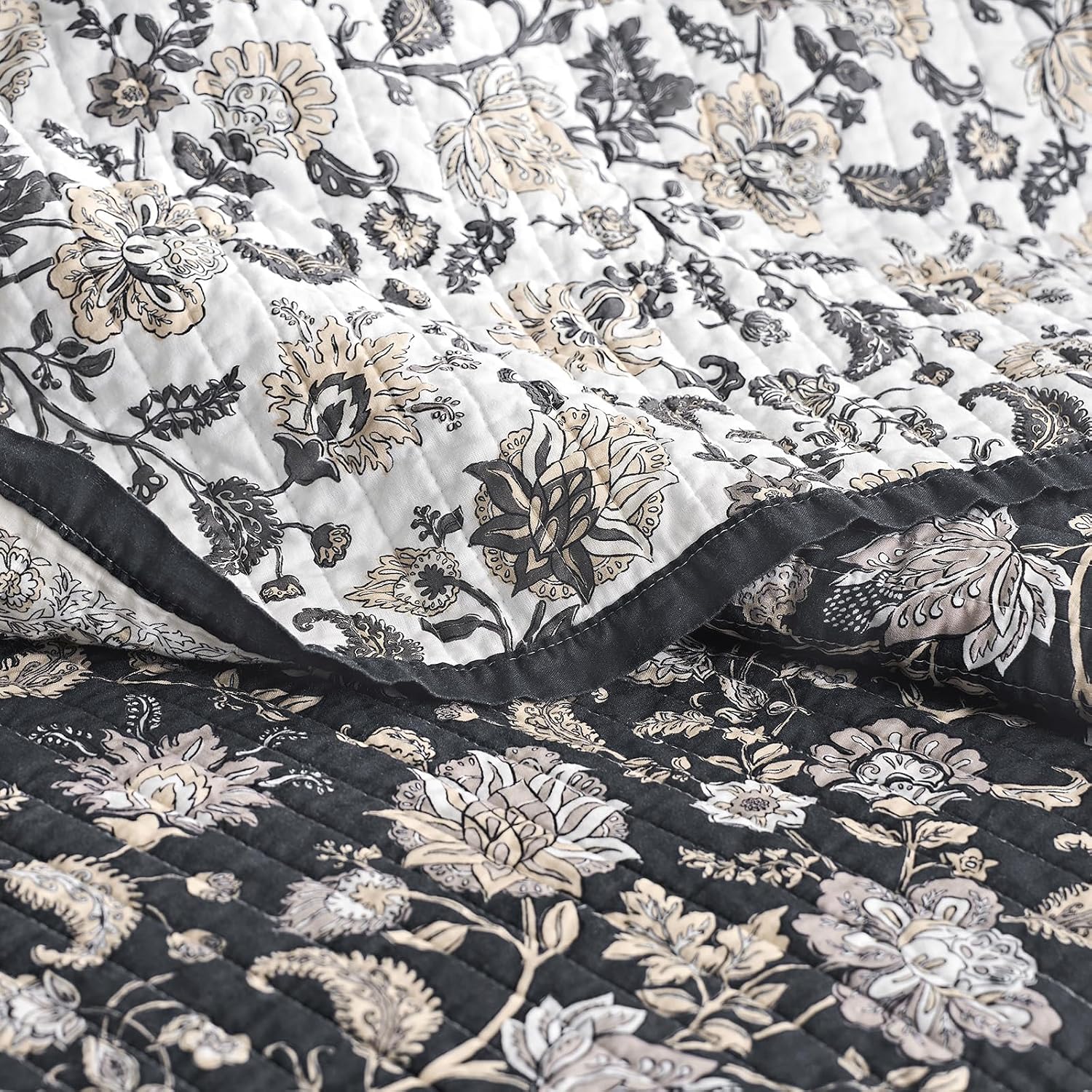 Charcoal Floral Queen Cotton Quilt Set