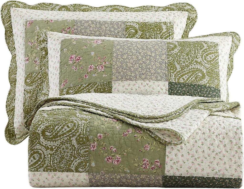 Green Floral Embroidered Patchwork Queen Quilt Set
