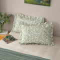 Olive Green Ruffled Leaf Print Linen Pillow Shams Set