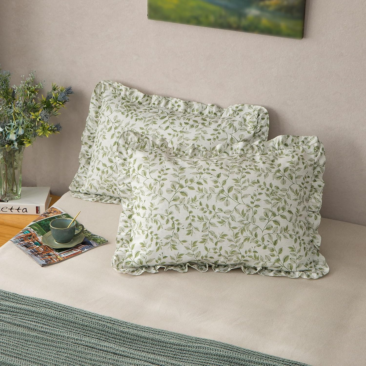 Olive Green Ruffled Leaf Print Linen Pillow Shams Set