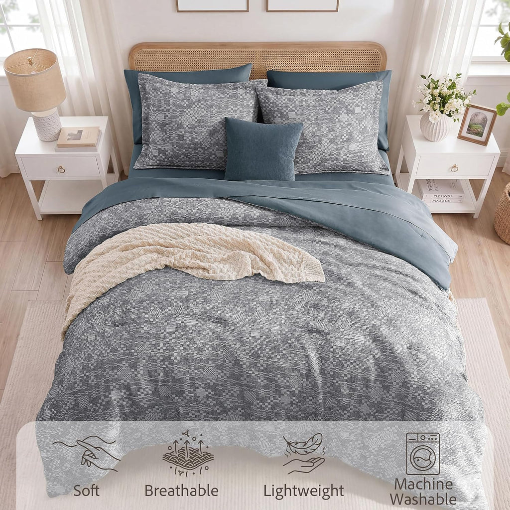 Navy Crinkle Queen 7-Piece Bedding Set