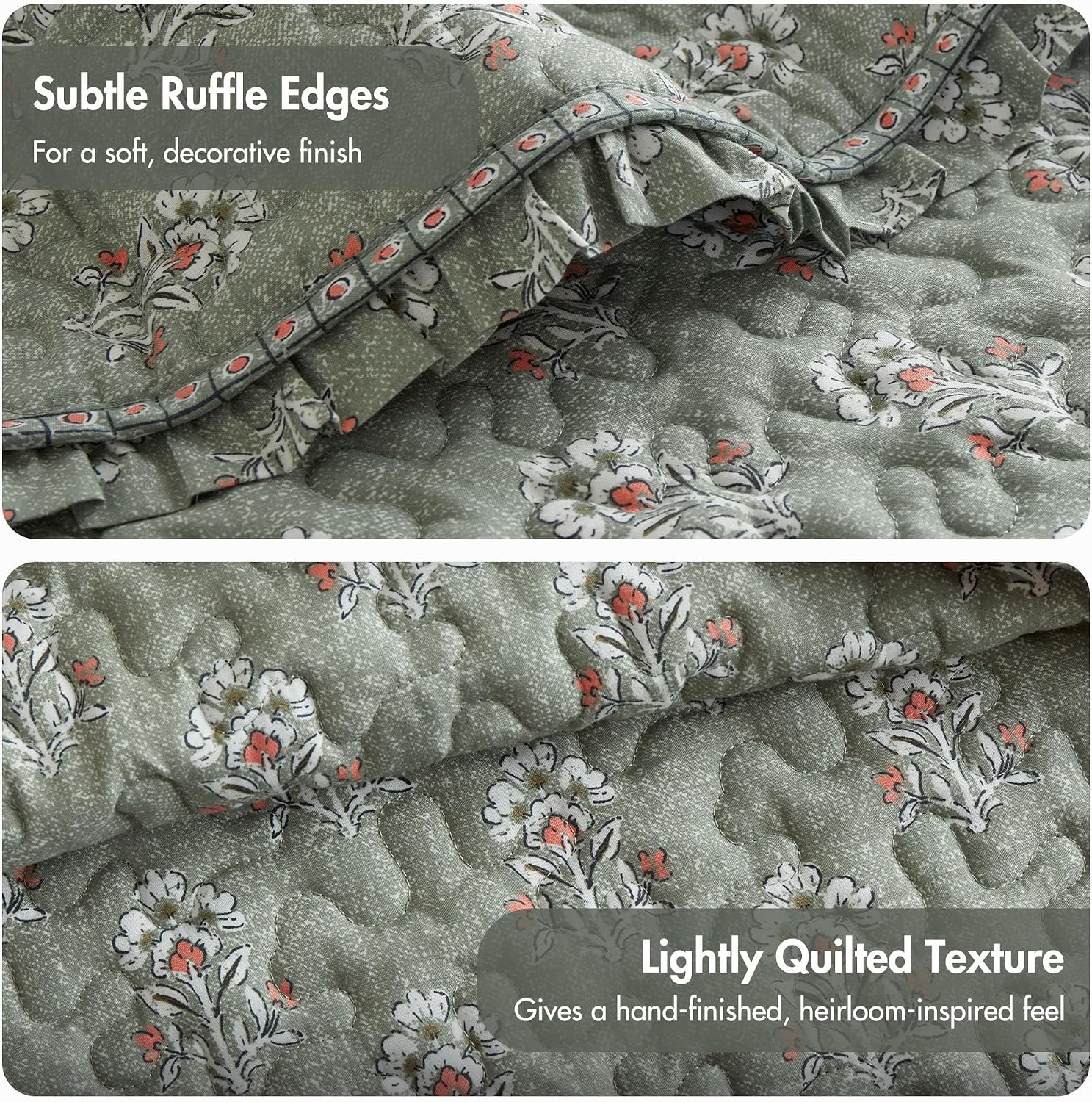 Sage Green Ruffled Vintage Floral King Quilt Set