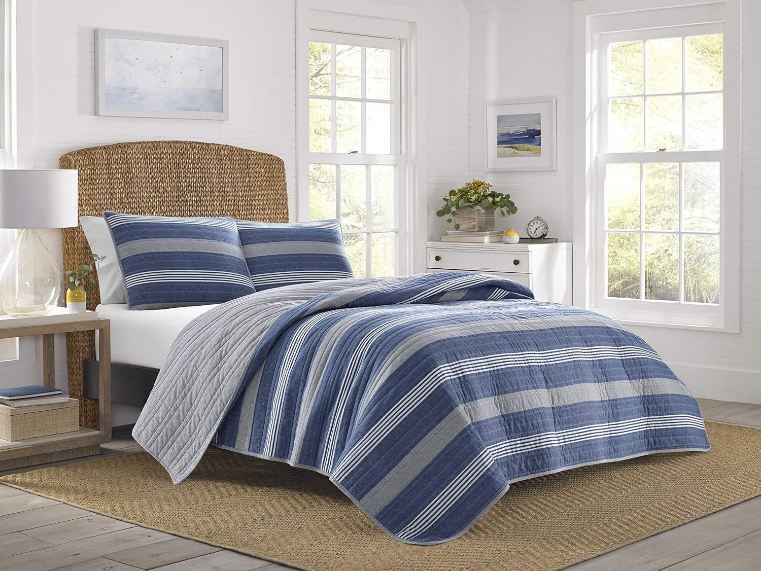 Blue Stripe Queen Reversible Quilt Set