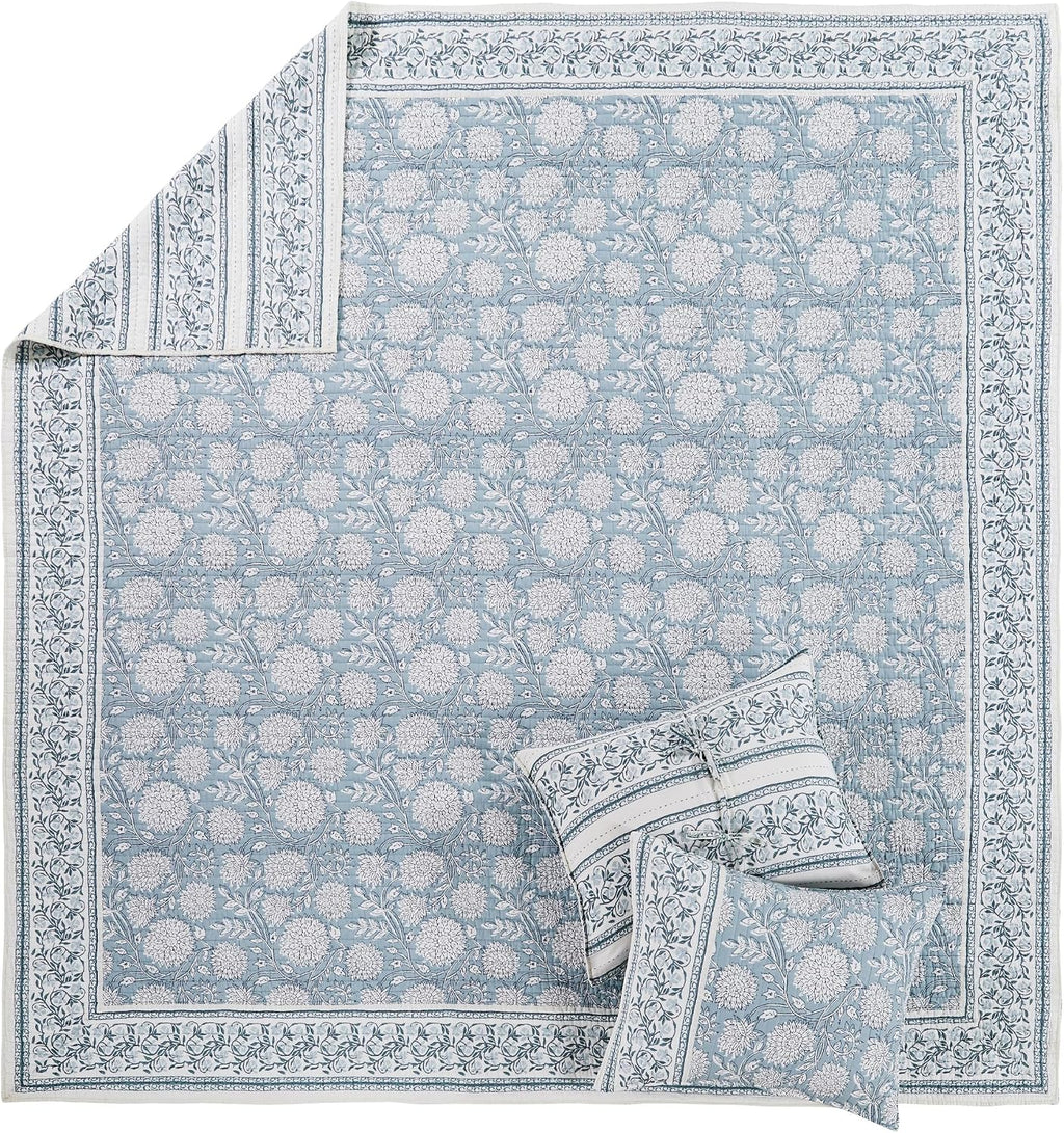 Blue Floral Cotton King Quilt Set