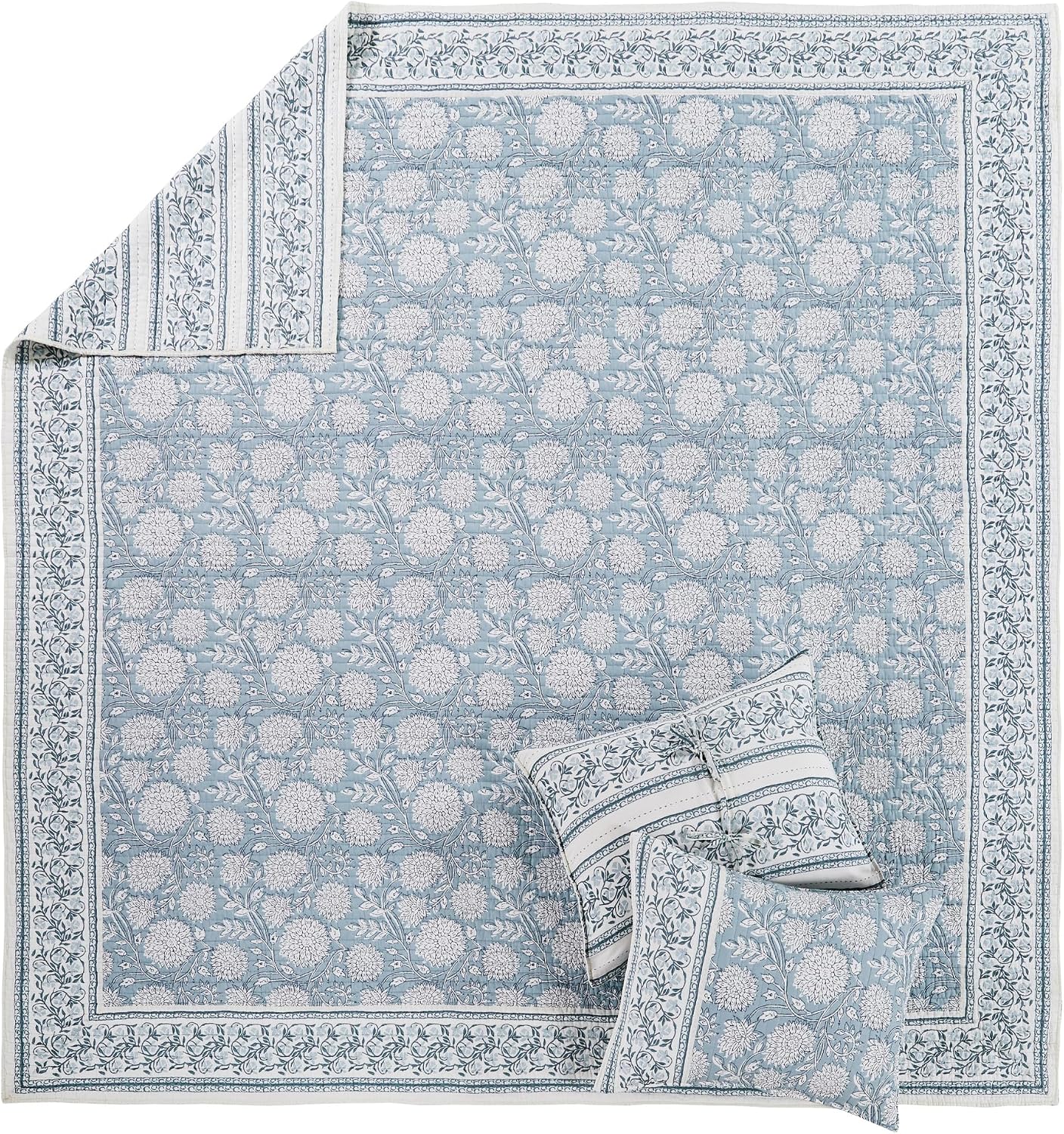 Blue Floral Cotton King Quilt Set
