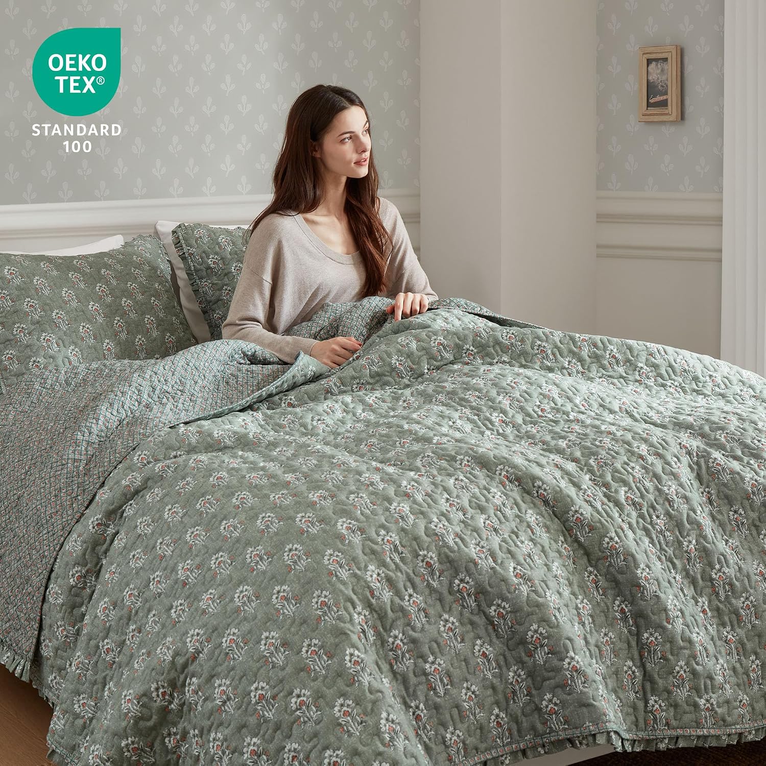 Sage Green Ruffled Vintage Floral King Quilt Set