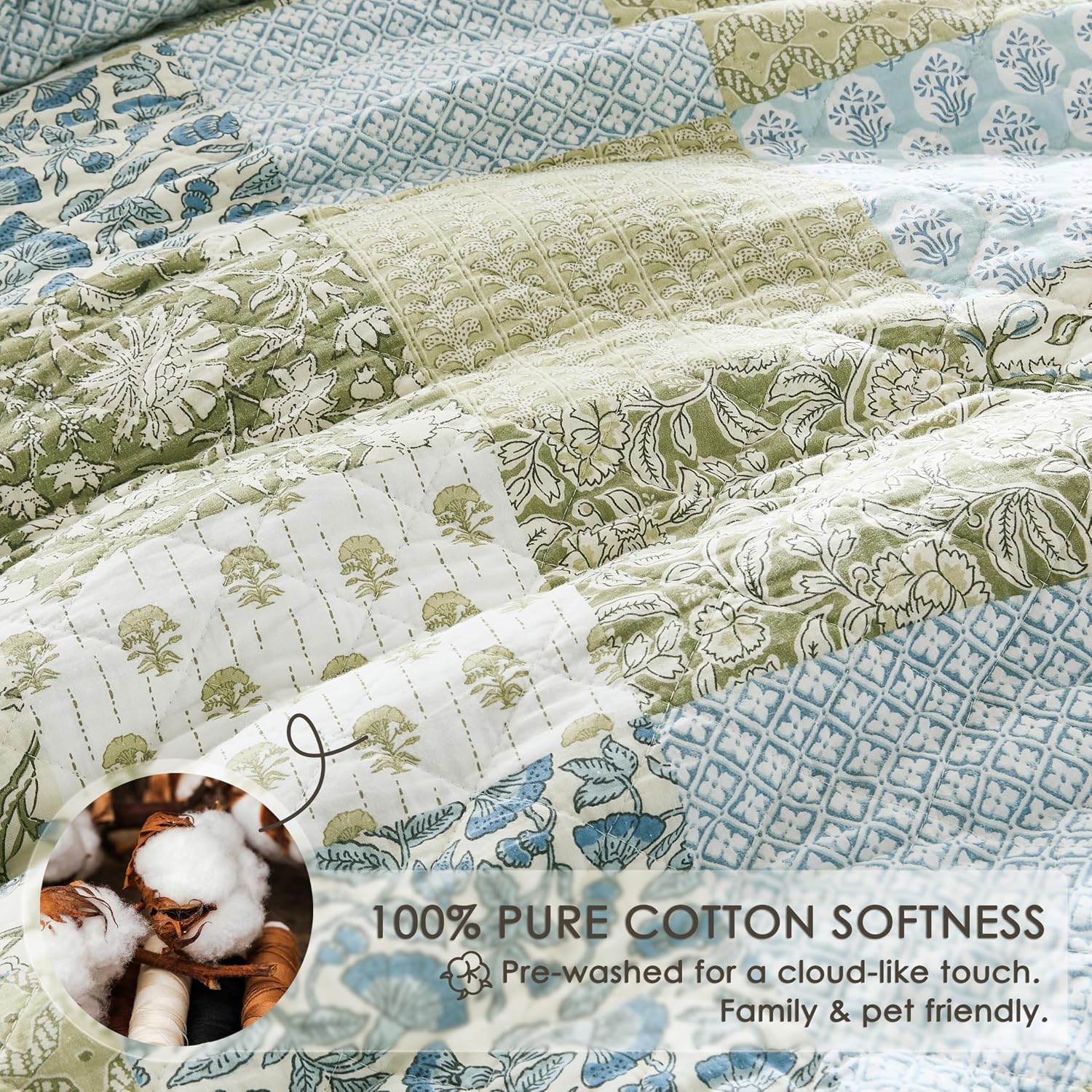 Green Floral Patchwork Queen Cotton Quilt Set