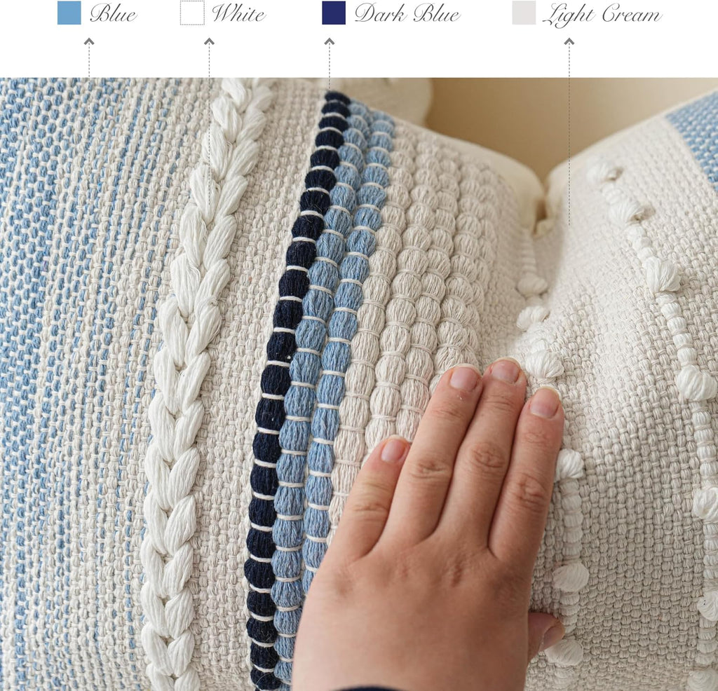 Coastal Blue Textured Boho Lumbar Pillow Cover 14x36