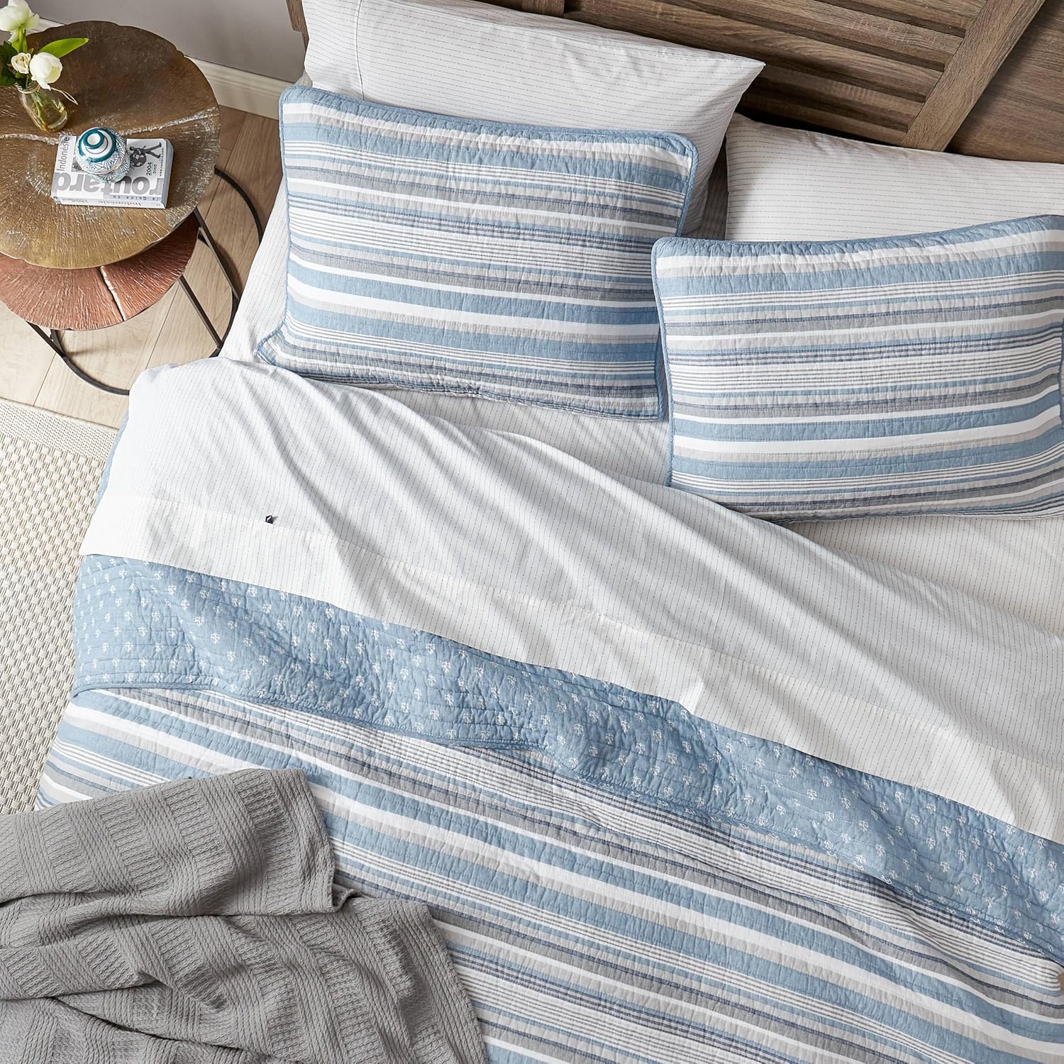 Blue Stripe Anchor Queen Cotton Quilt Set