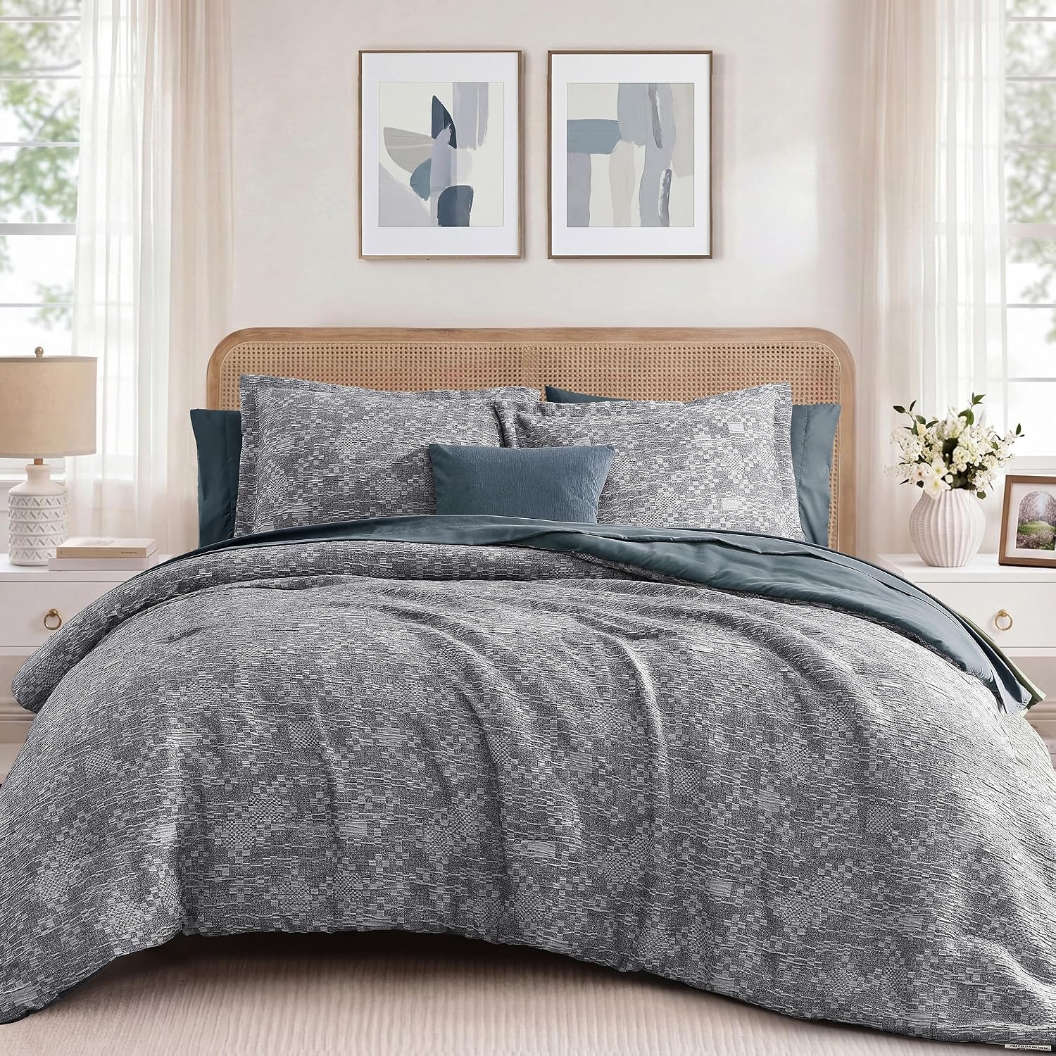 Navy Crinkle Queen 7-Piece Bedding Set