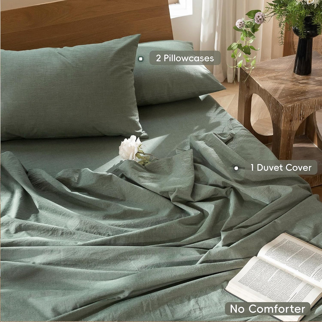 Heathered Green Washed Cotton King Duvet Set