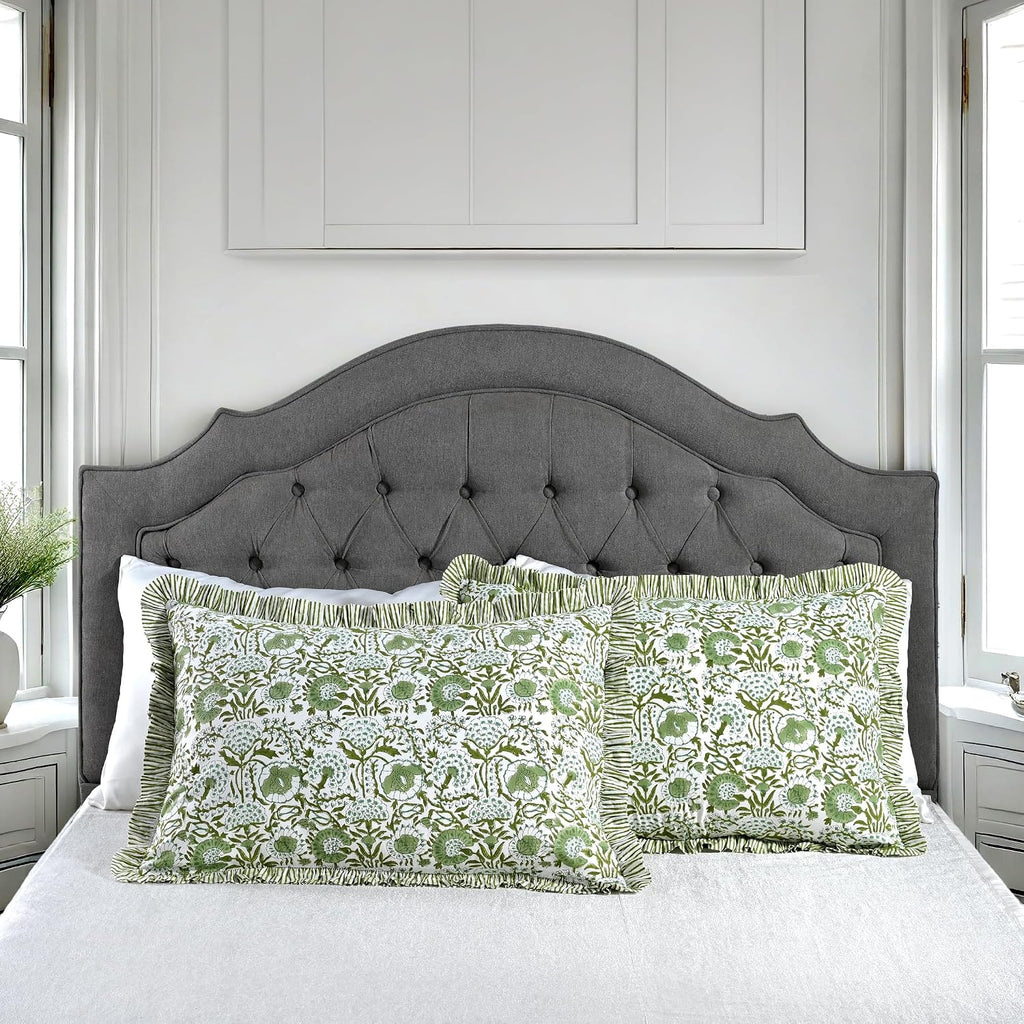 Agate Green Ruffled Block Print Queen Pillow Shams Set of 2