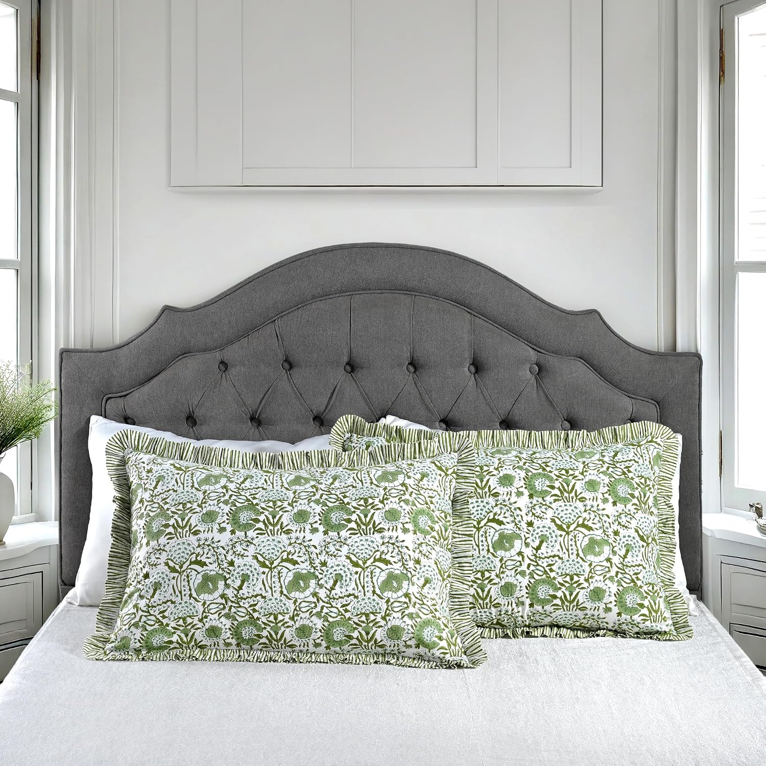 Agate Green Ruffled Block Print Queen Pillow Shams Set of 2
