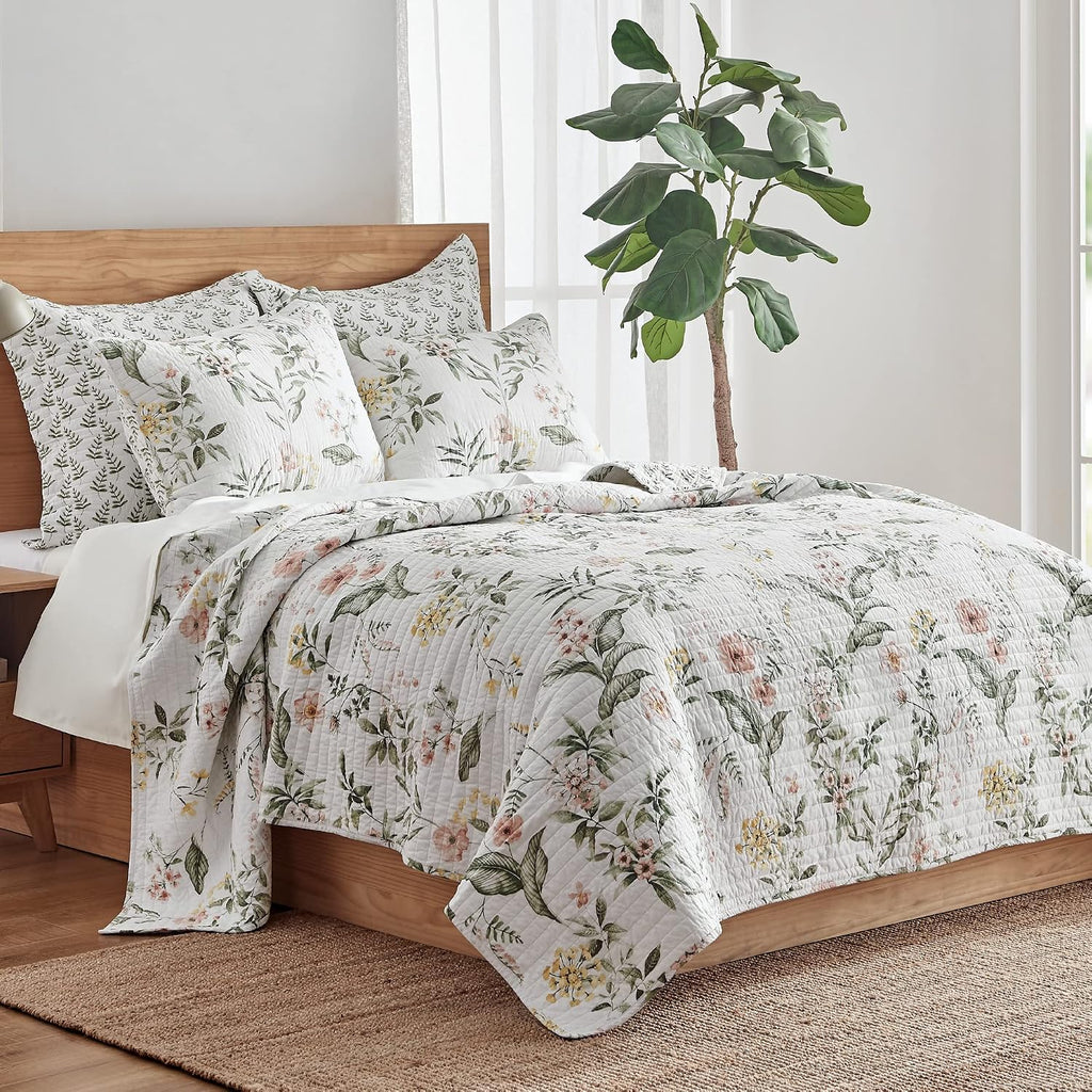 Blush Floral Cotton King Quilt Set