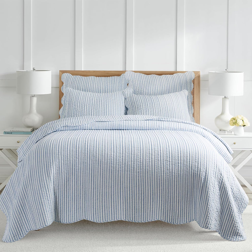 Blue White Stripe Cotton Queen Quilt Set