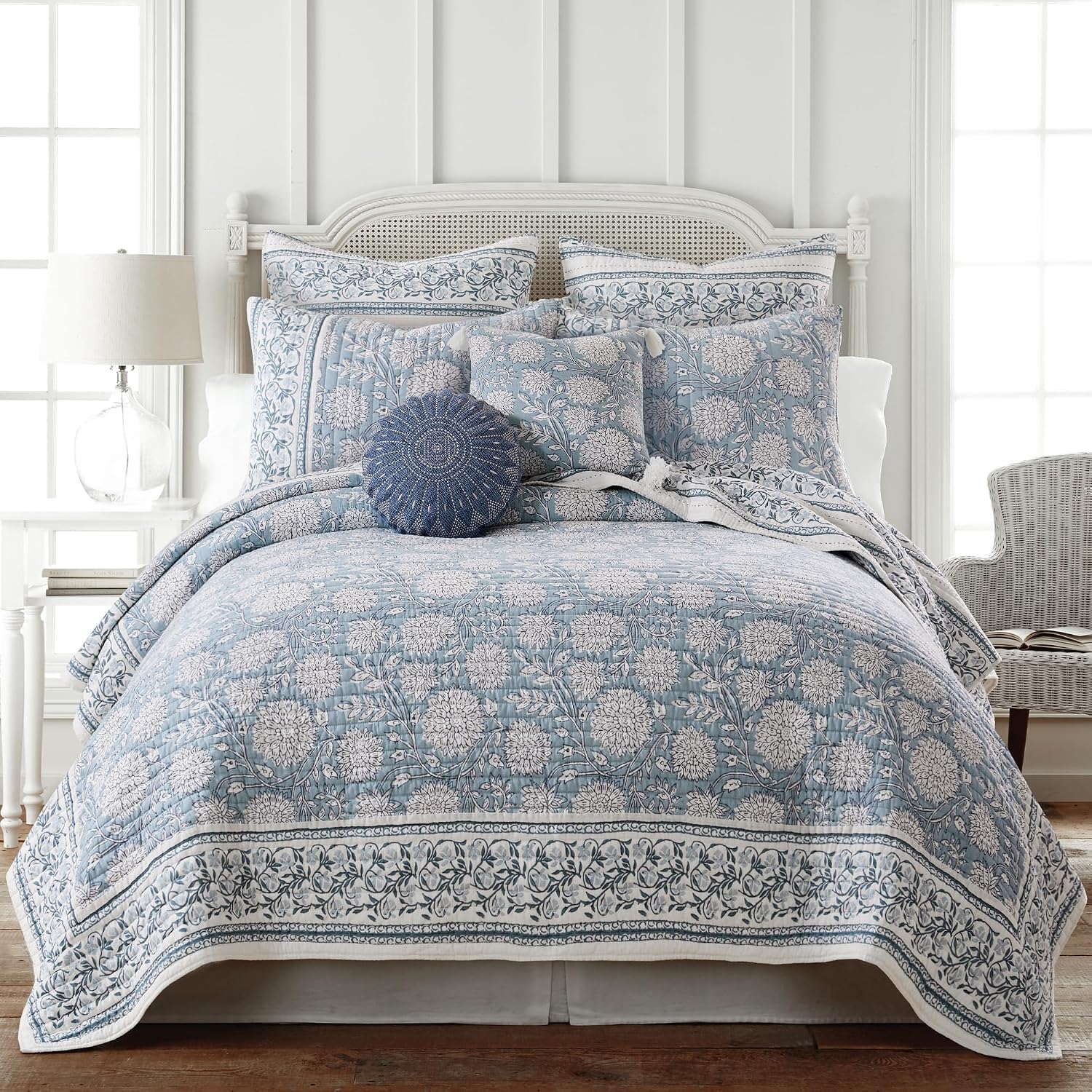 Blue Floral Cotton King Quilt Set