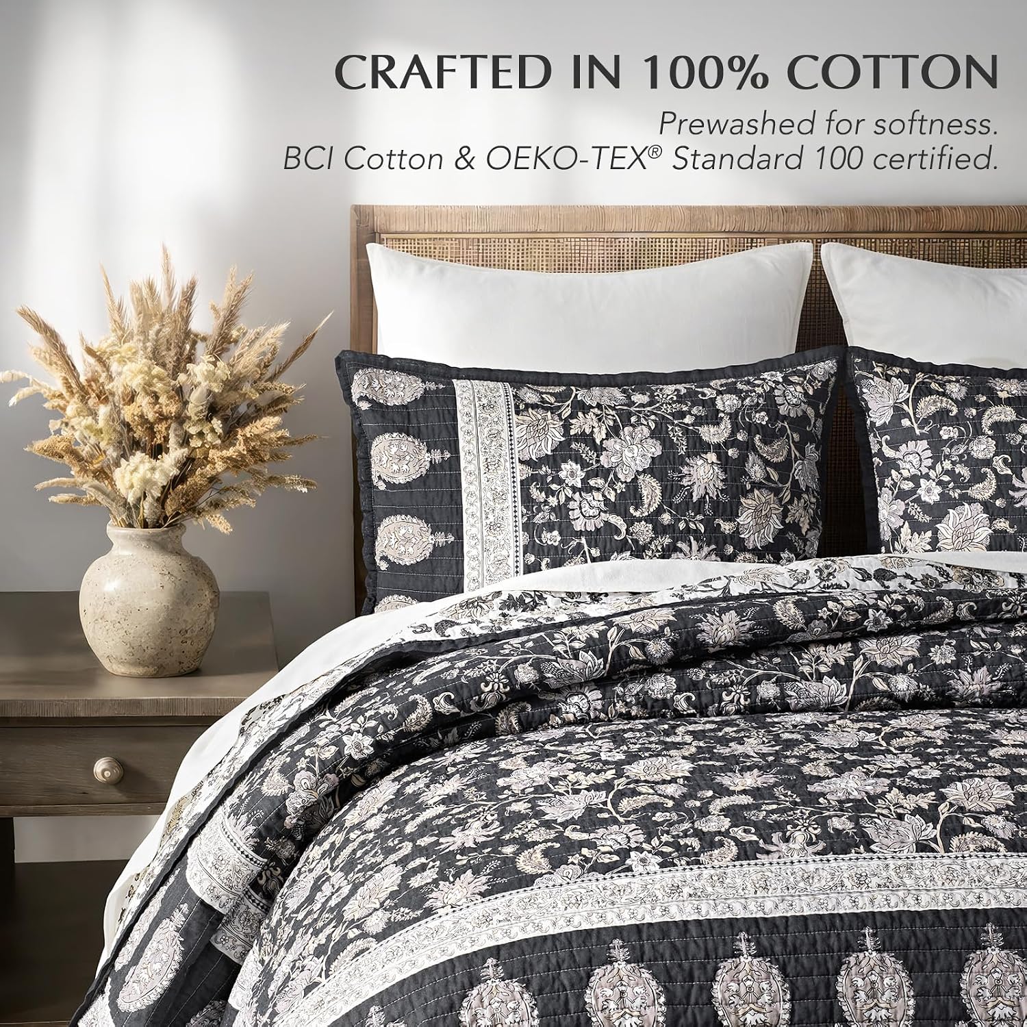 Charcoal Floral Queen Cotton Quilt Set