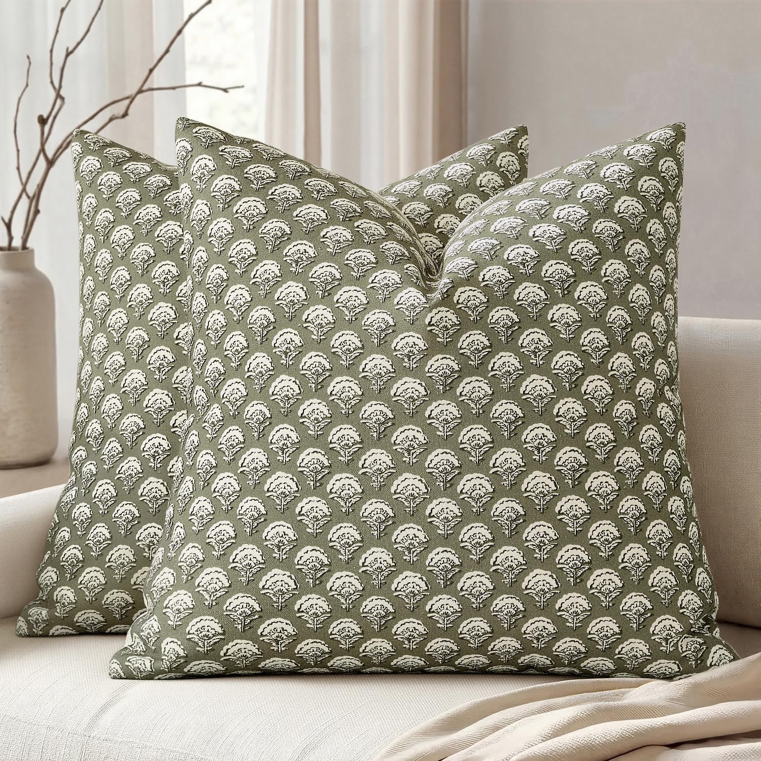 Sage Green Block Print Floral Euro Pillow Shams Set of 2