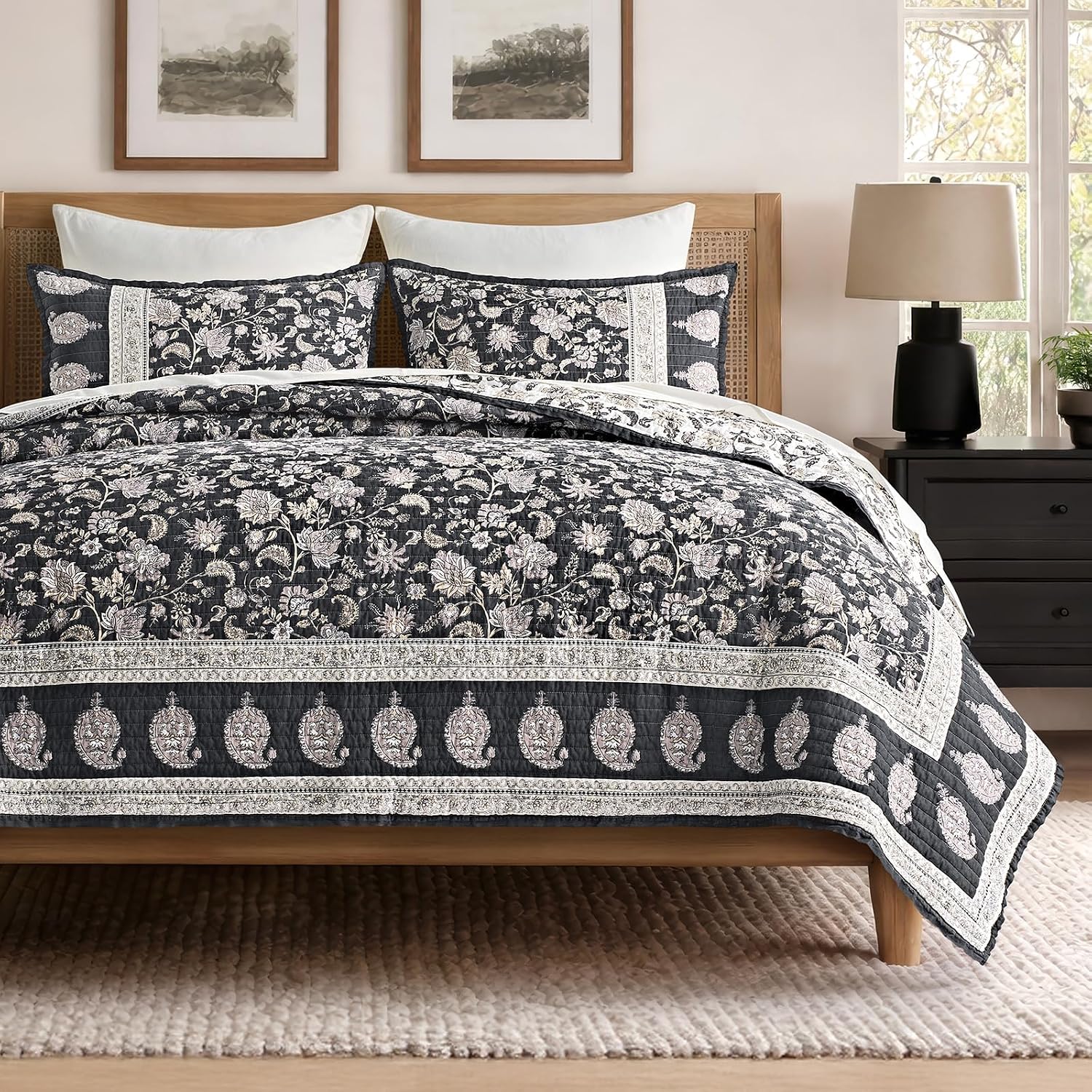 Charcoal Floral Queen Cotton Quilt Set