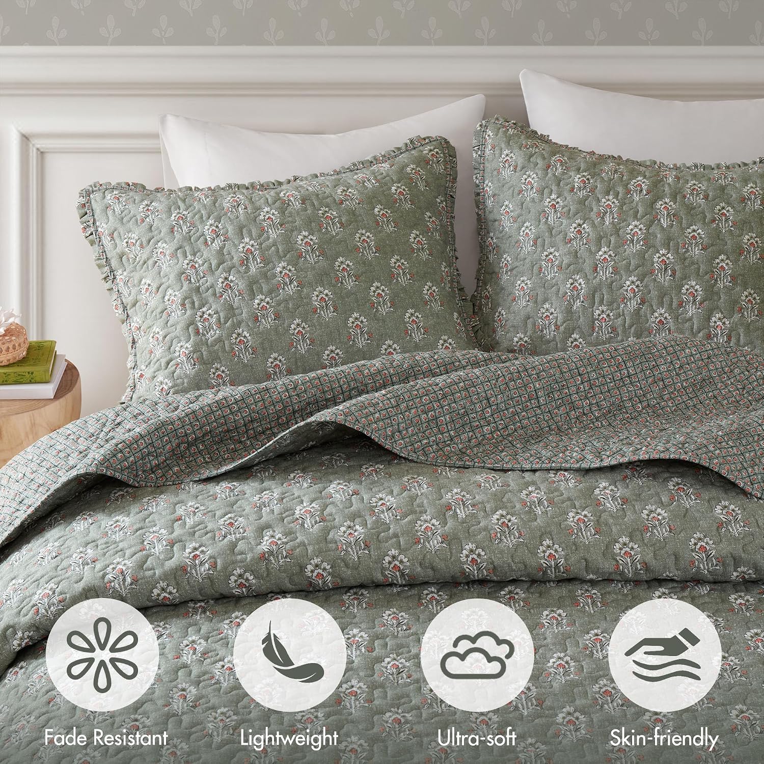 Sage Green Ruffled Vintage Floral King Quilt Set
