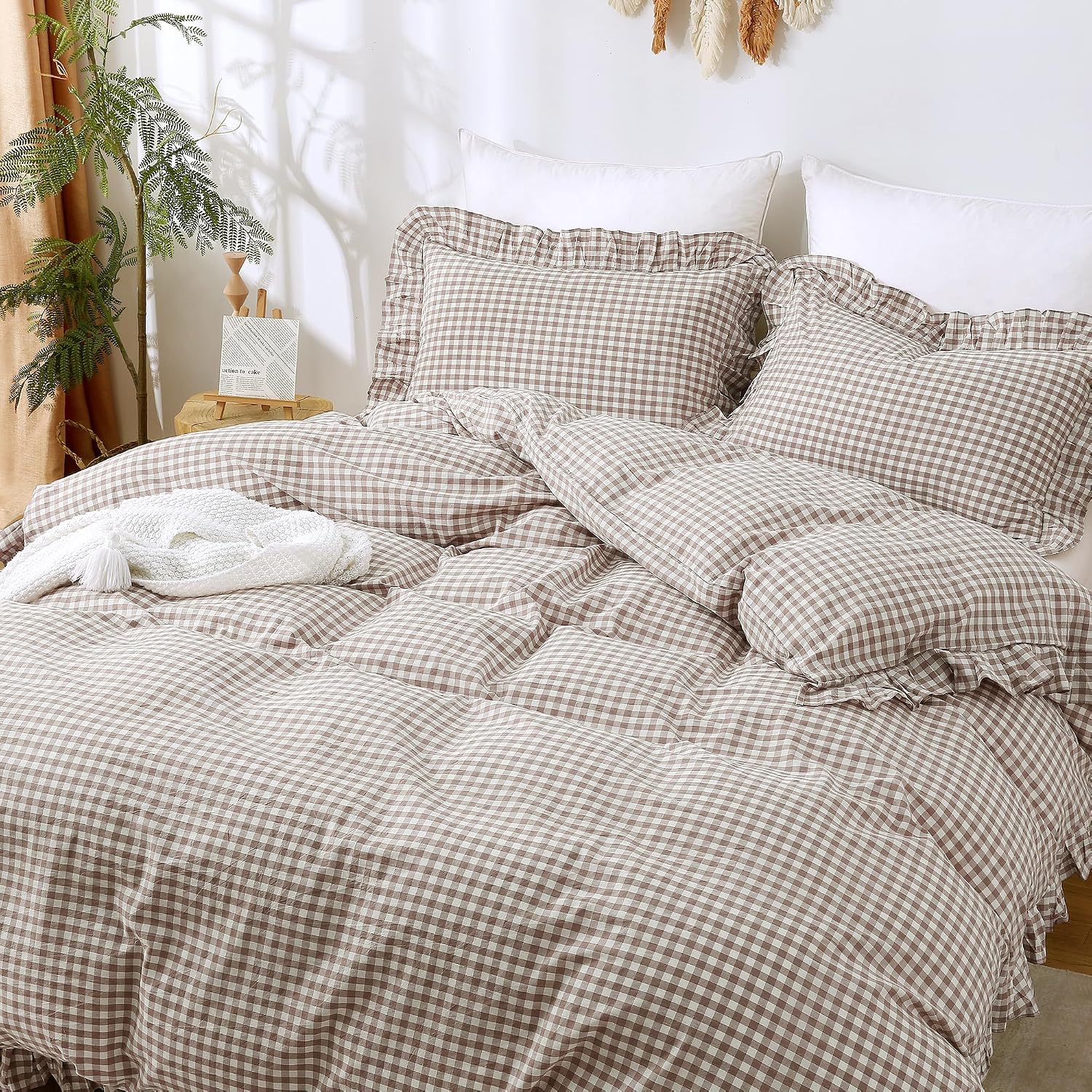 Tan Gingham Ruffle King Duvet Set