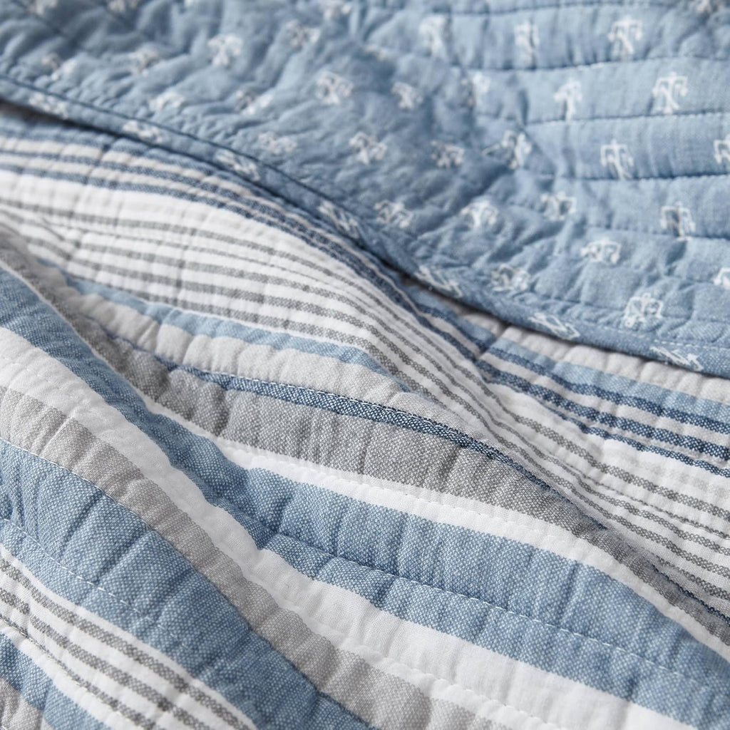 Blue Stripe Anchor Queen Cotton Quilt Set